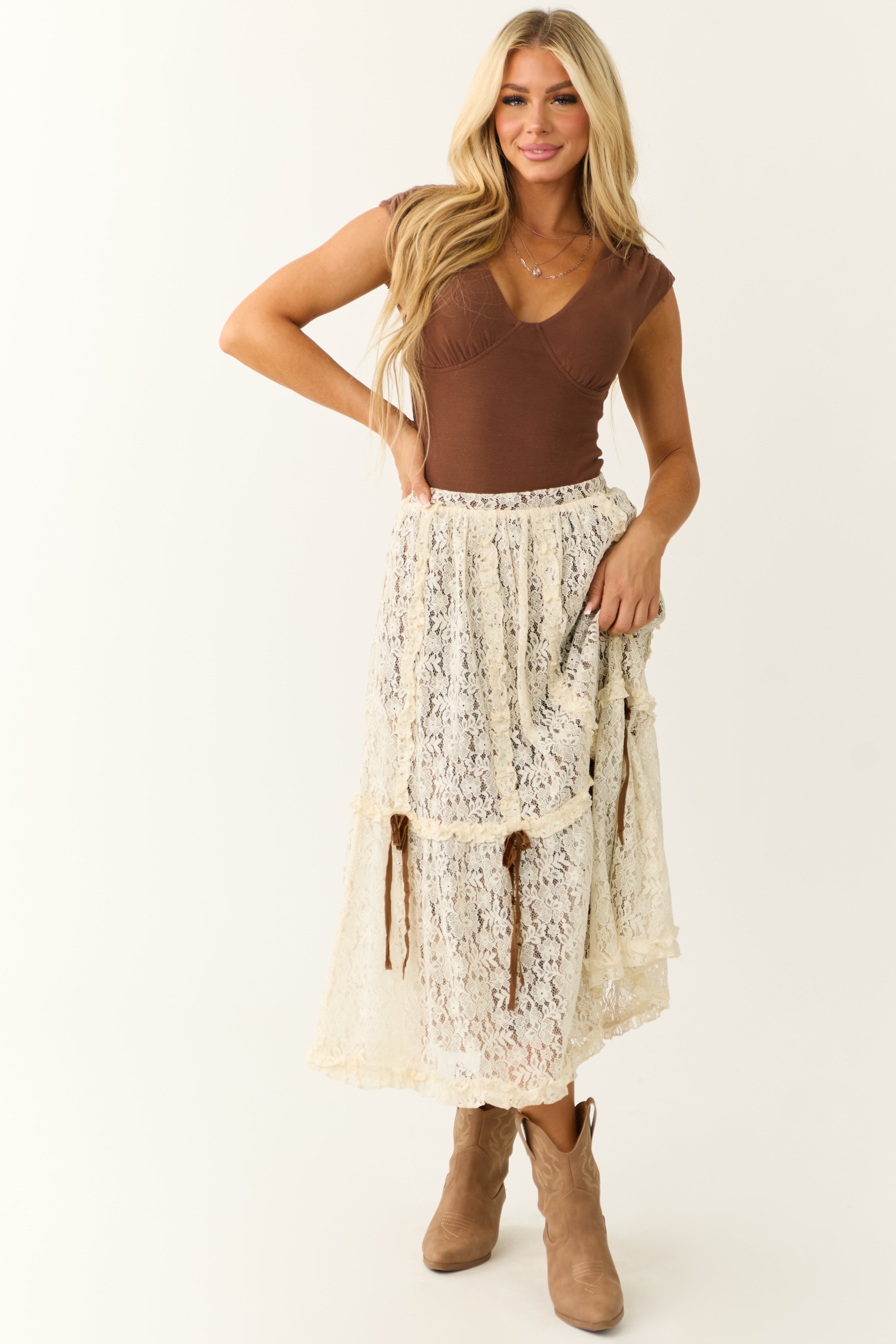 Tiered Lace and Velvet Midi Skirt with Bow Detail