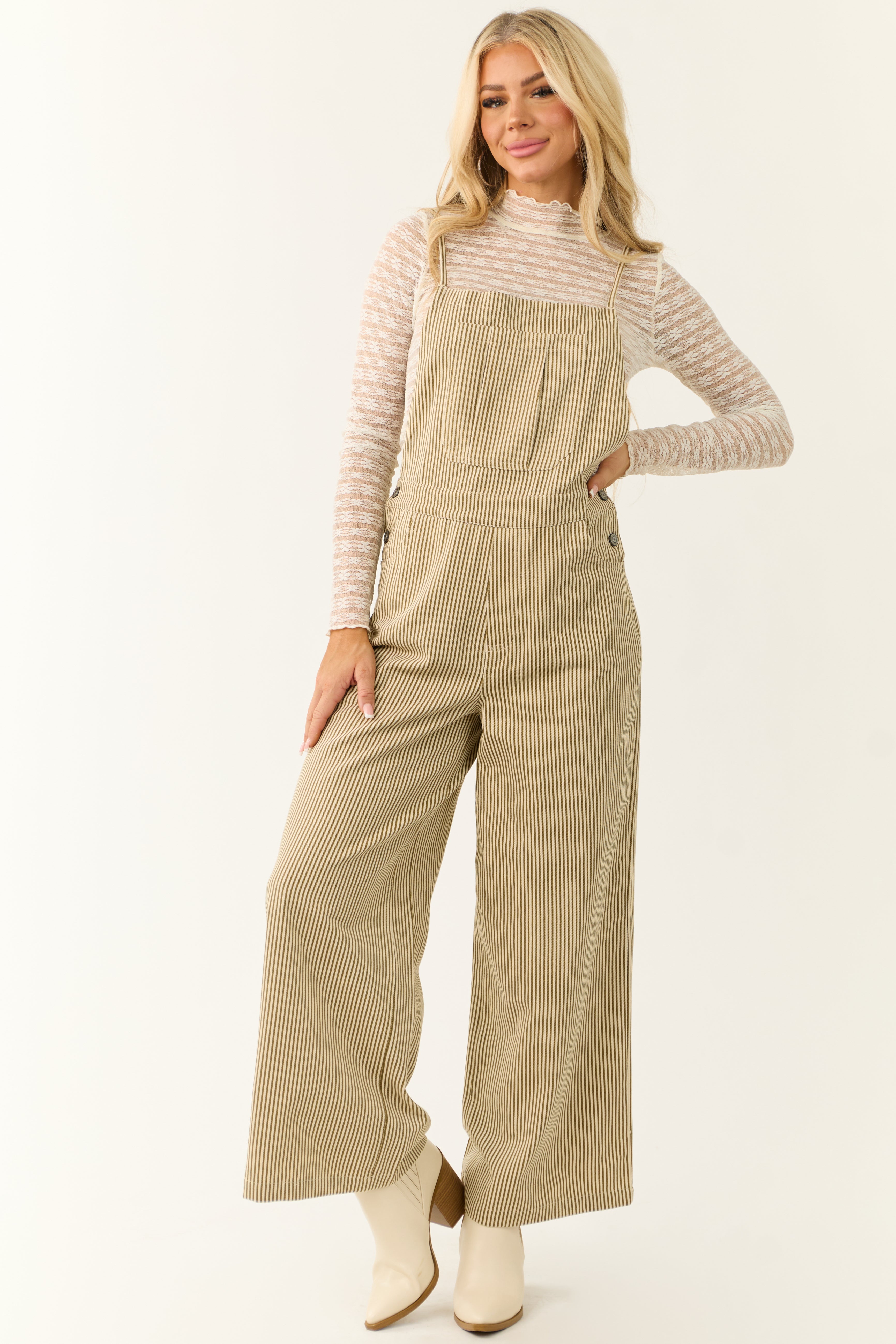 Taupe Striped Cotton Sleeveless Overalls Jumpsuit