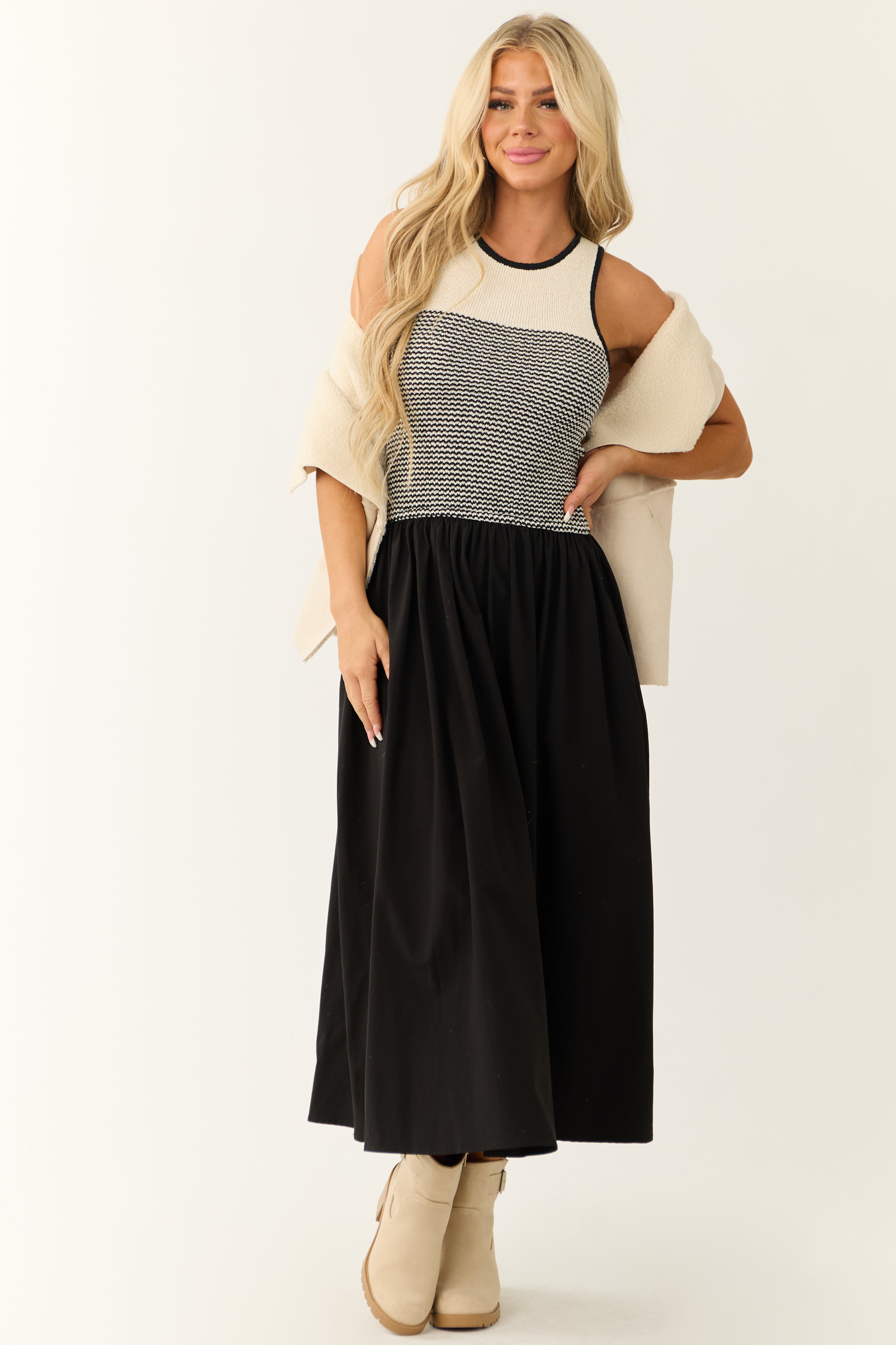 Striped Sleeveless Midi Dress in Black and Cream