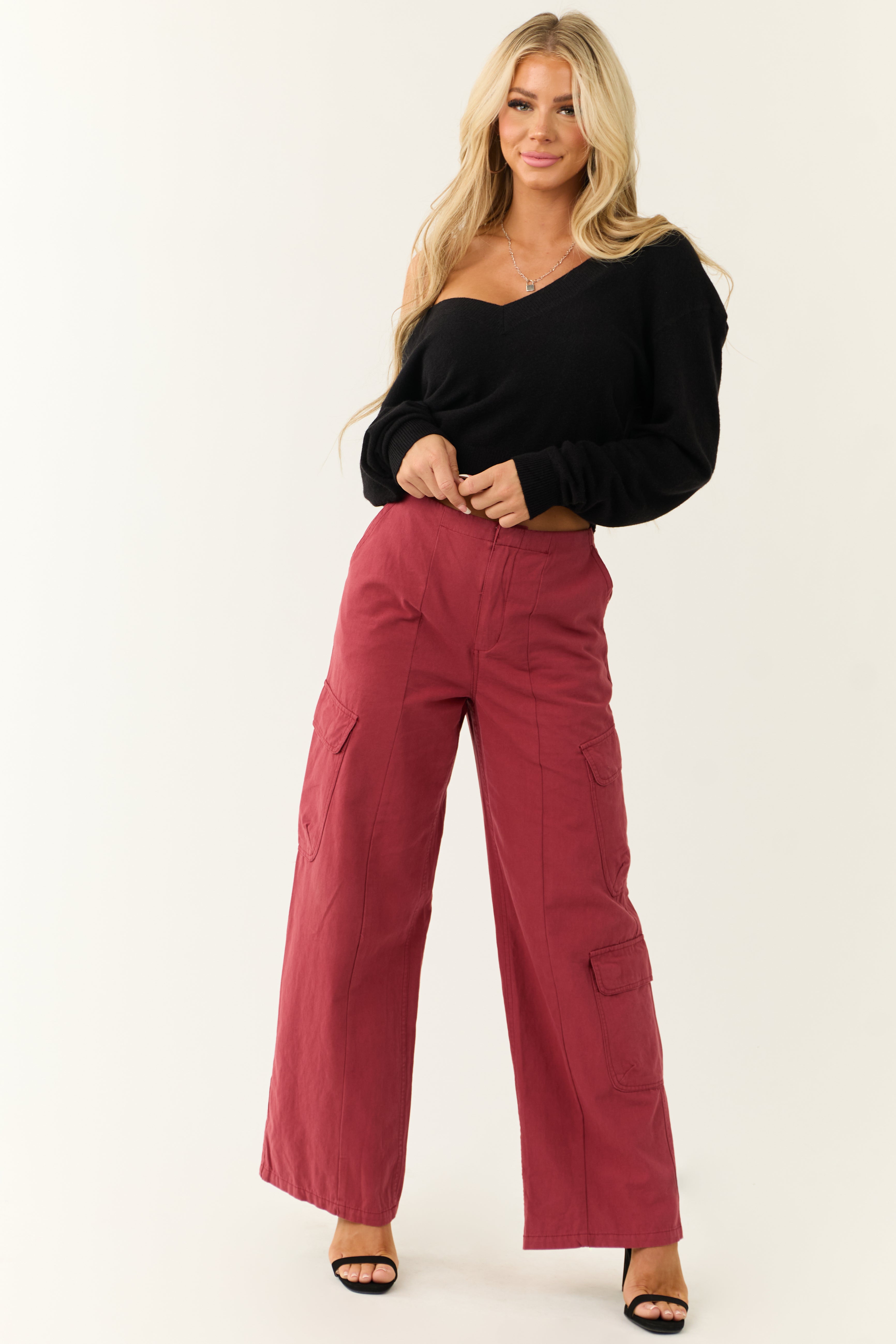 Cargo Style Mid Rise Wide Leg Pants in Red Cotton