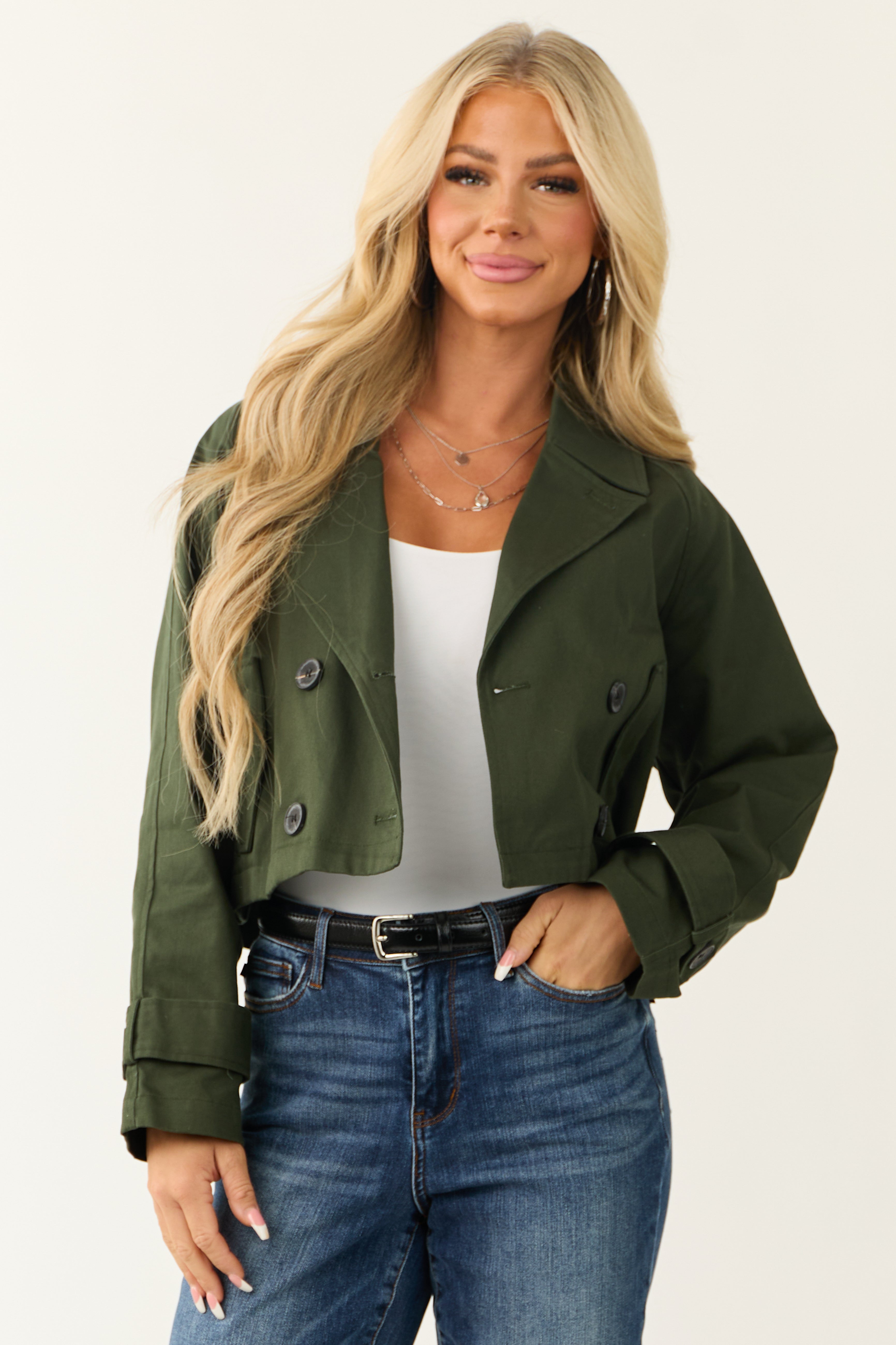 Green Buttoned Crop Long Sleeve Trench Jacket
