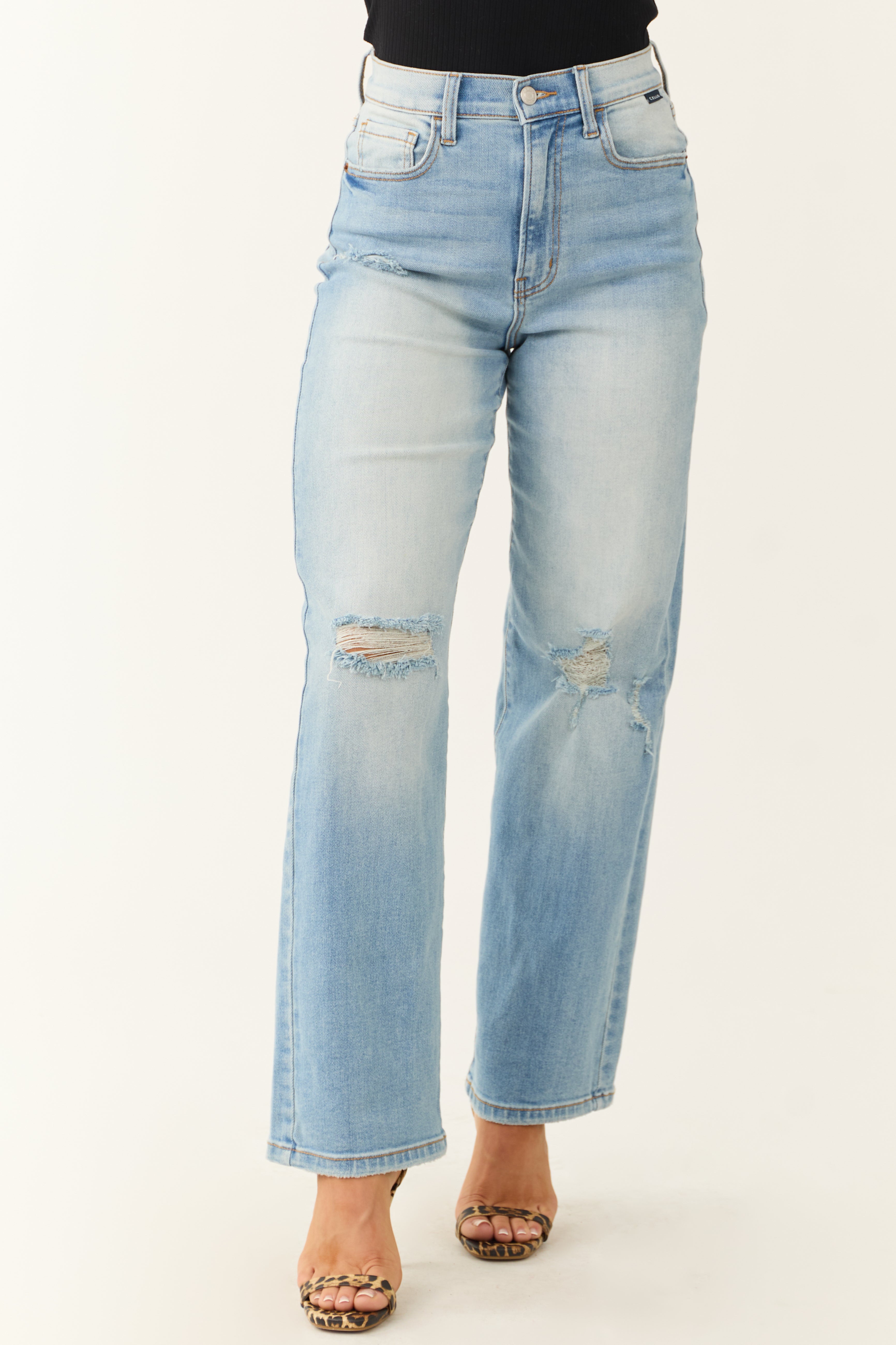 Light Wash Distressed Wide Leg Jeans