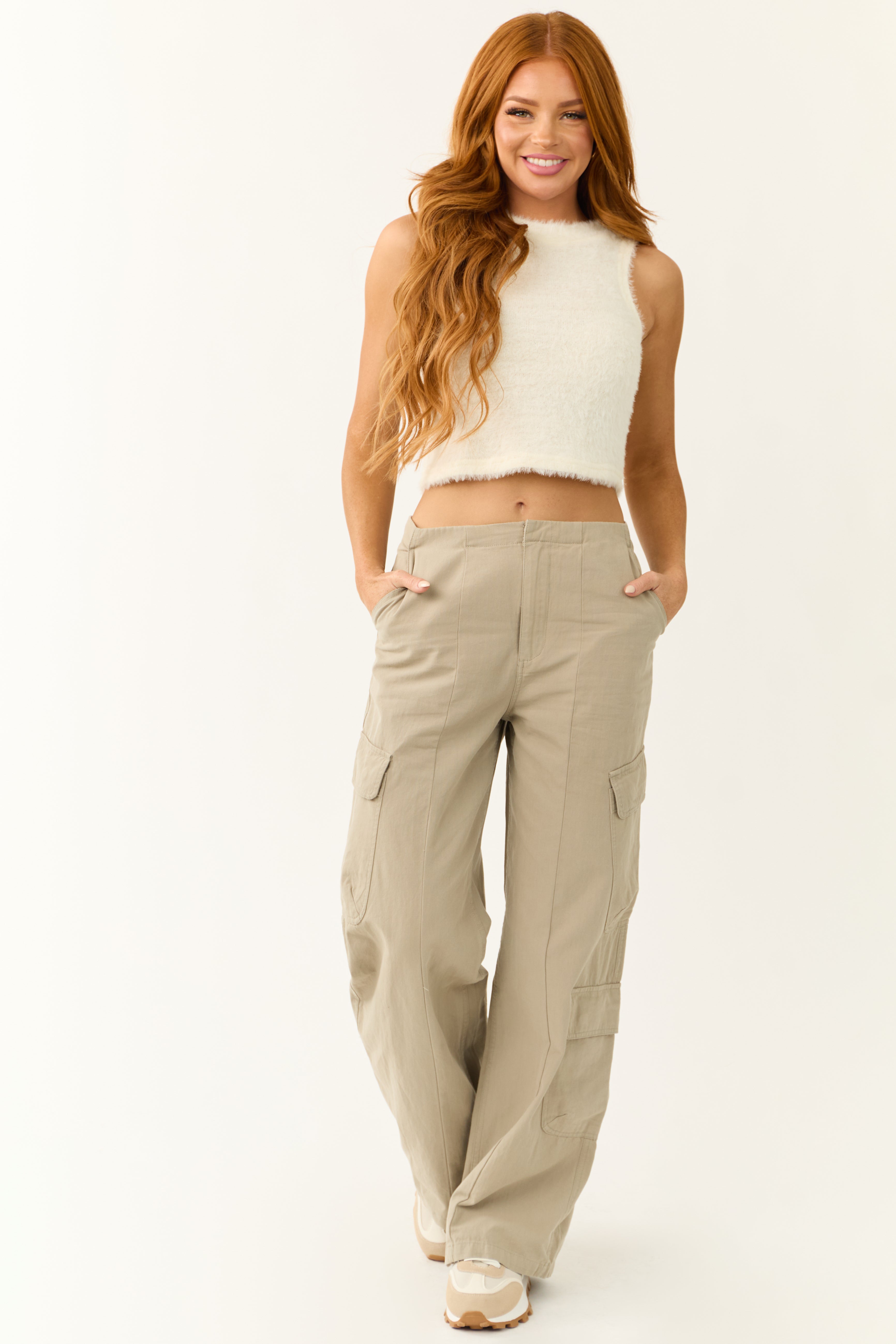 Green Wide Leg Cargo Pants for Women Mid Rise