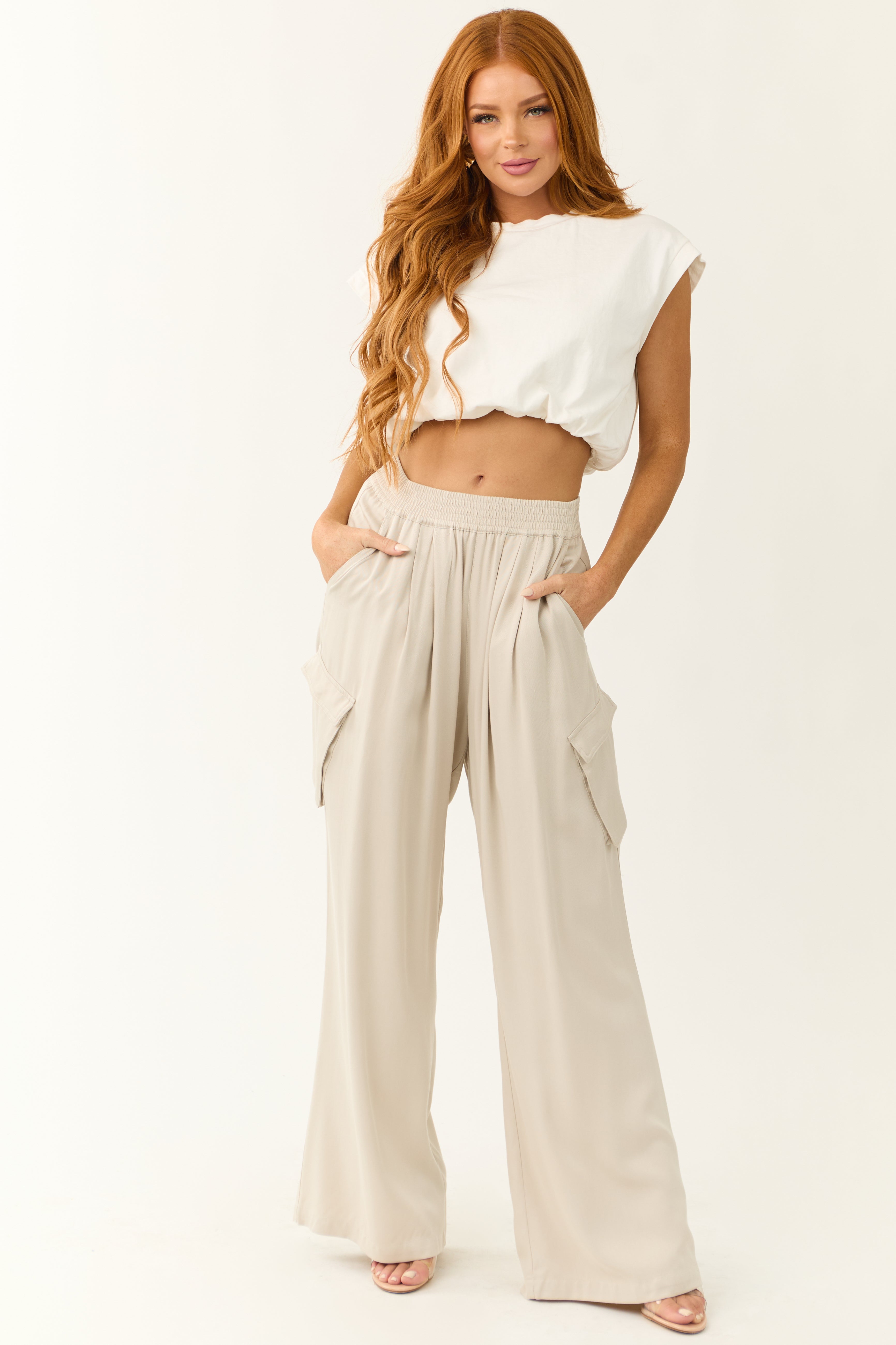 Smocked Waist Cargo Pants in Cloud Color - Stylish Bottoms for Women