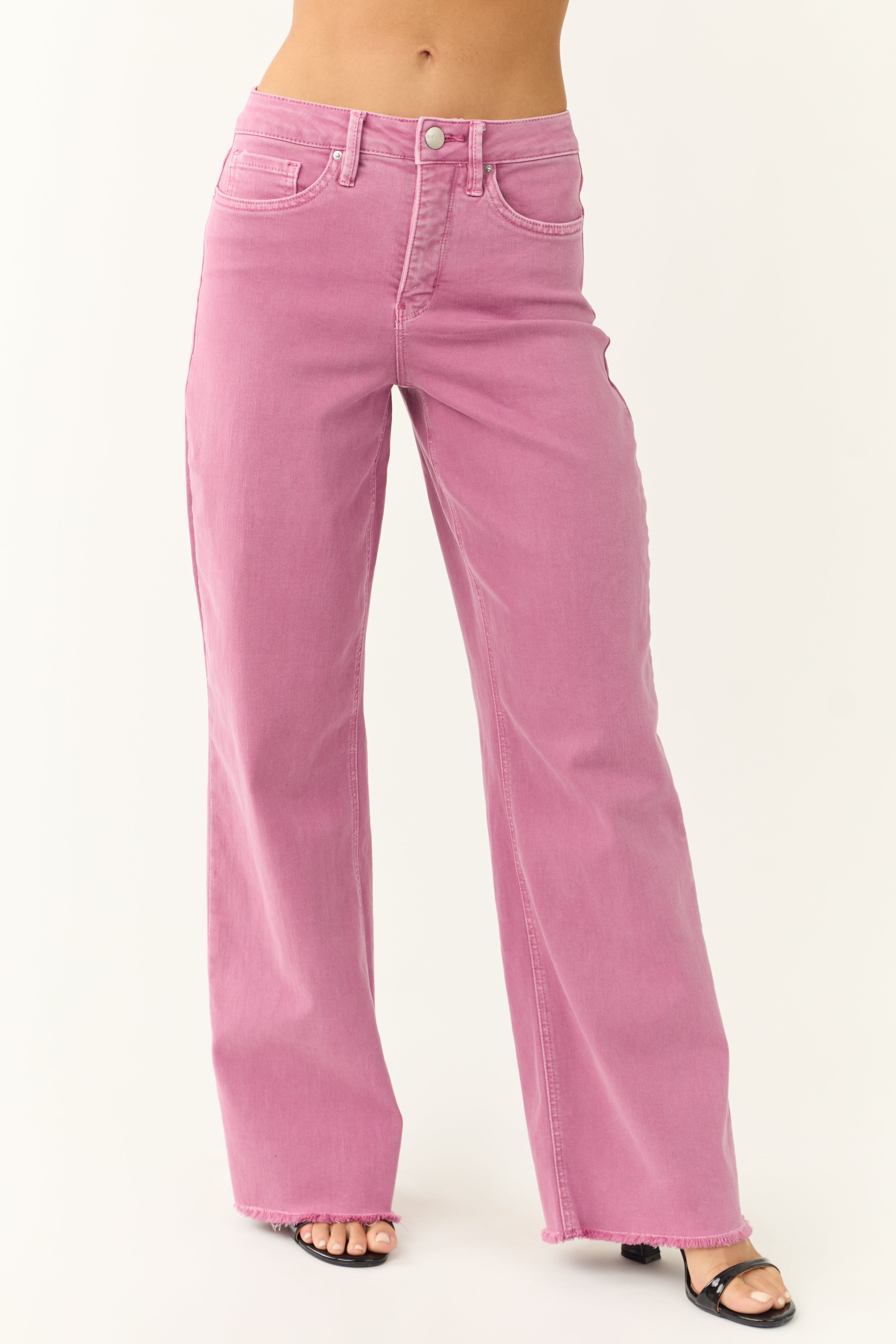 Orchid Wide Leg Frayed Hem Jeans in Purple Cotton Denim