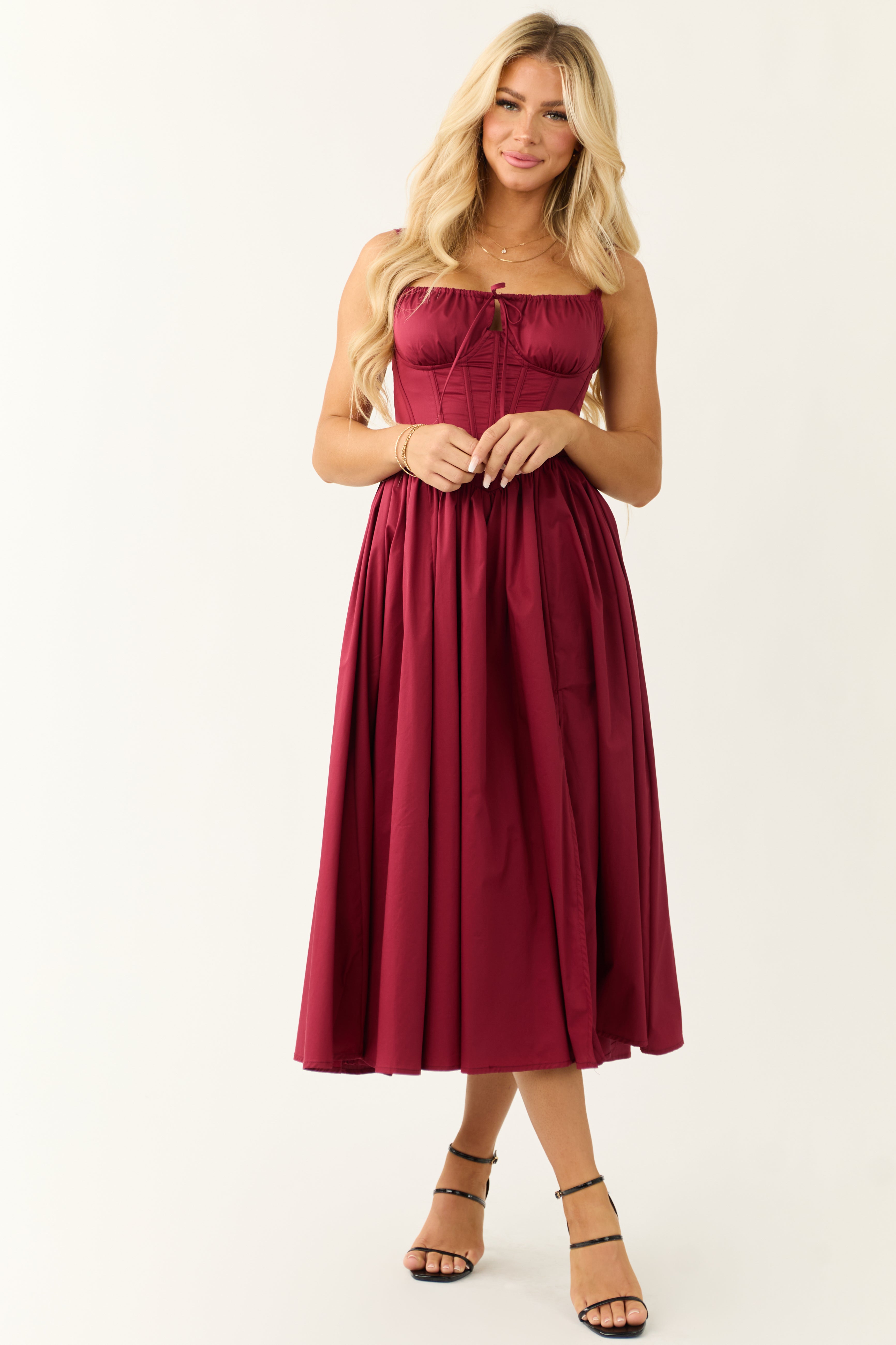 Red Corset Square Neckline Midi Dress