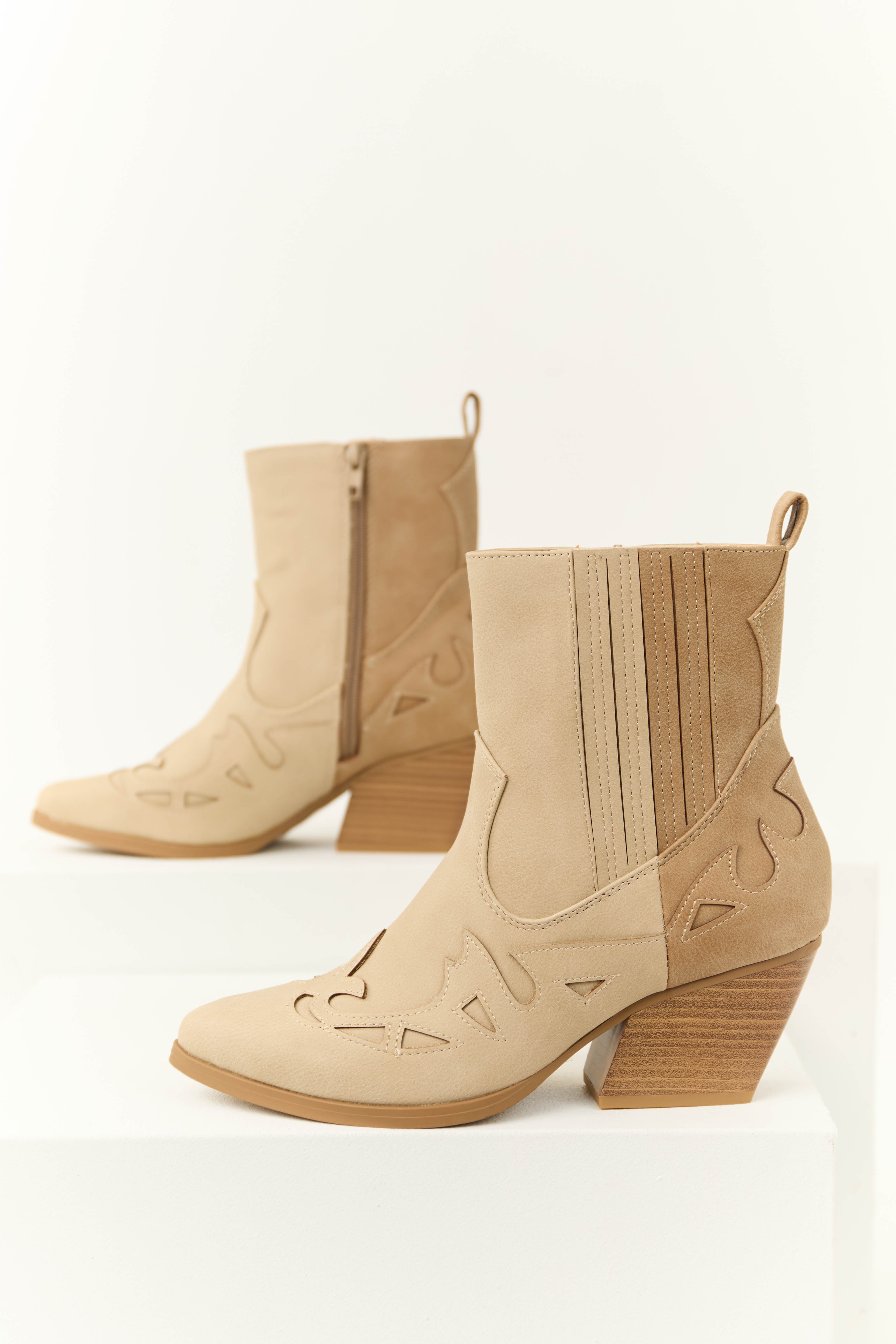 Latte Colorblock Western Ankle Boots - Faux Leather