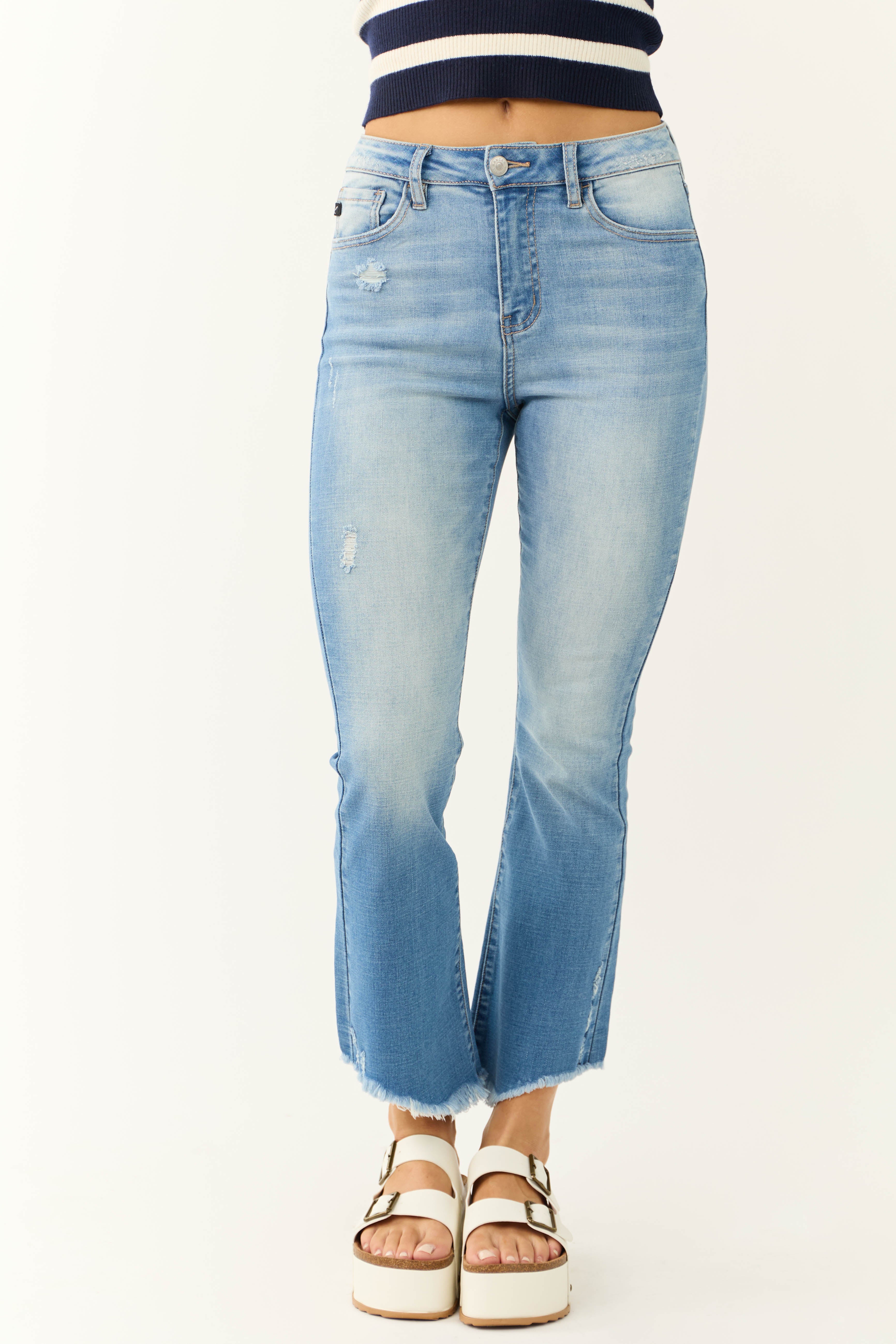 Light Wash Raw Hem High Rise Cropped Flare Jeans