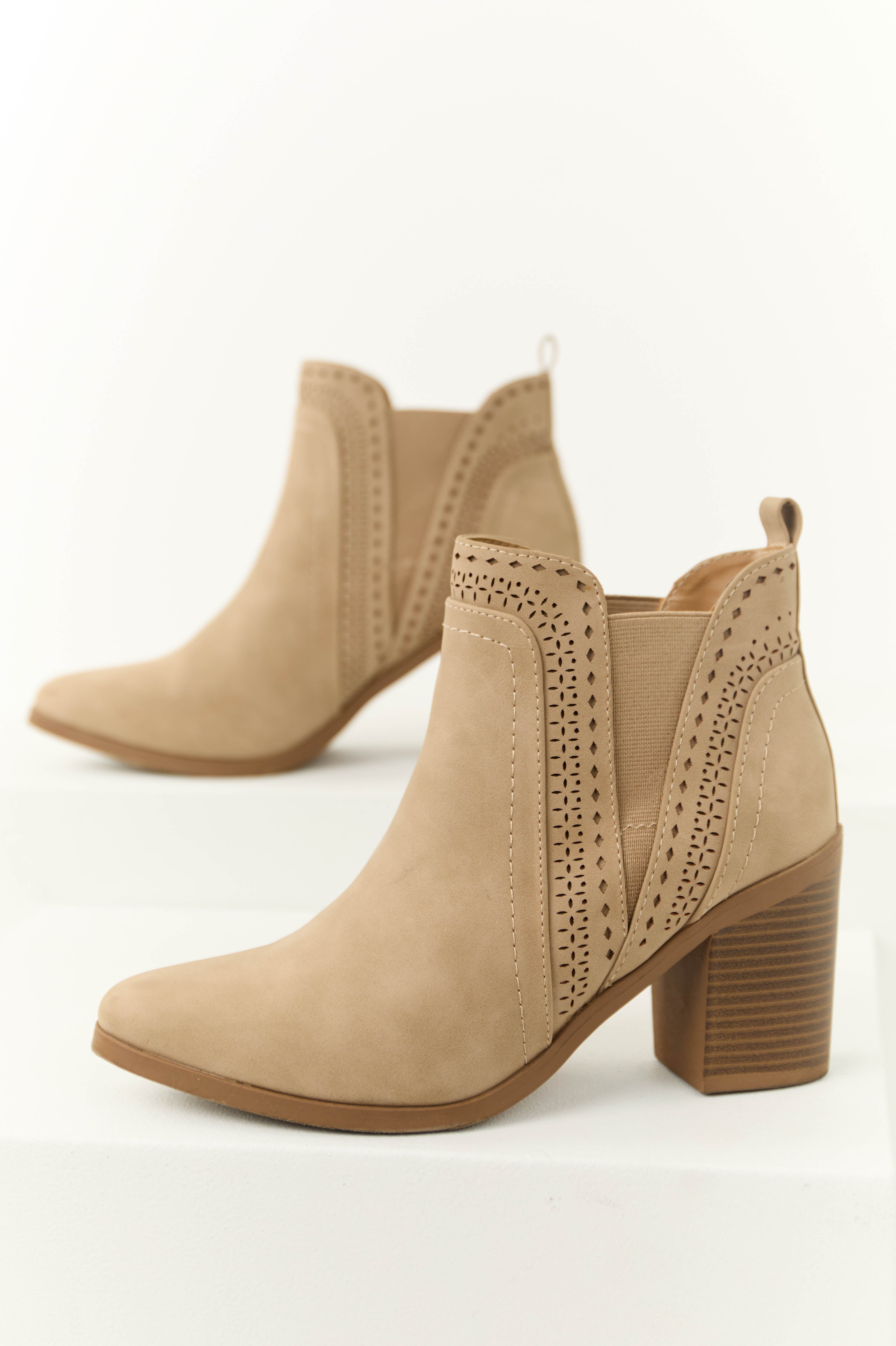Taupe Cut Out Ankle Booties - Stylish Block Heel Shoes