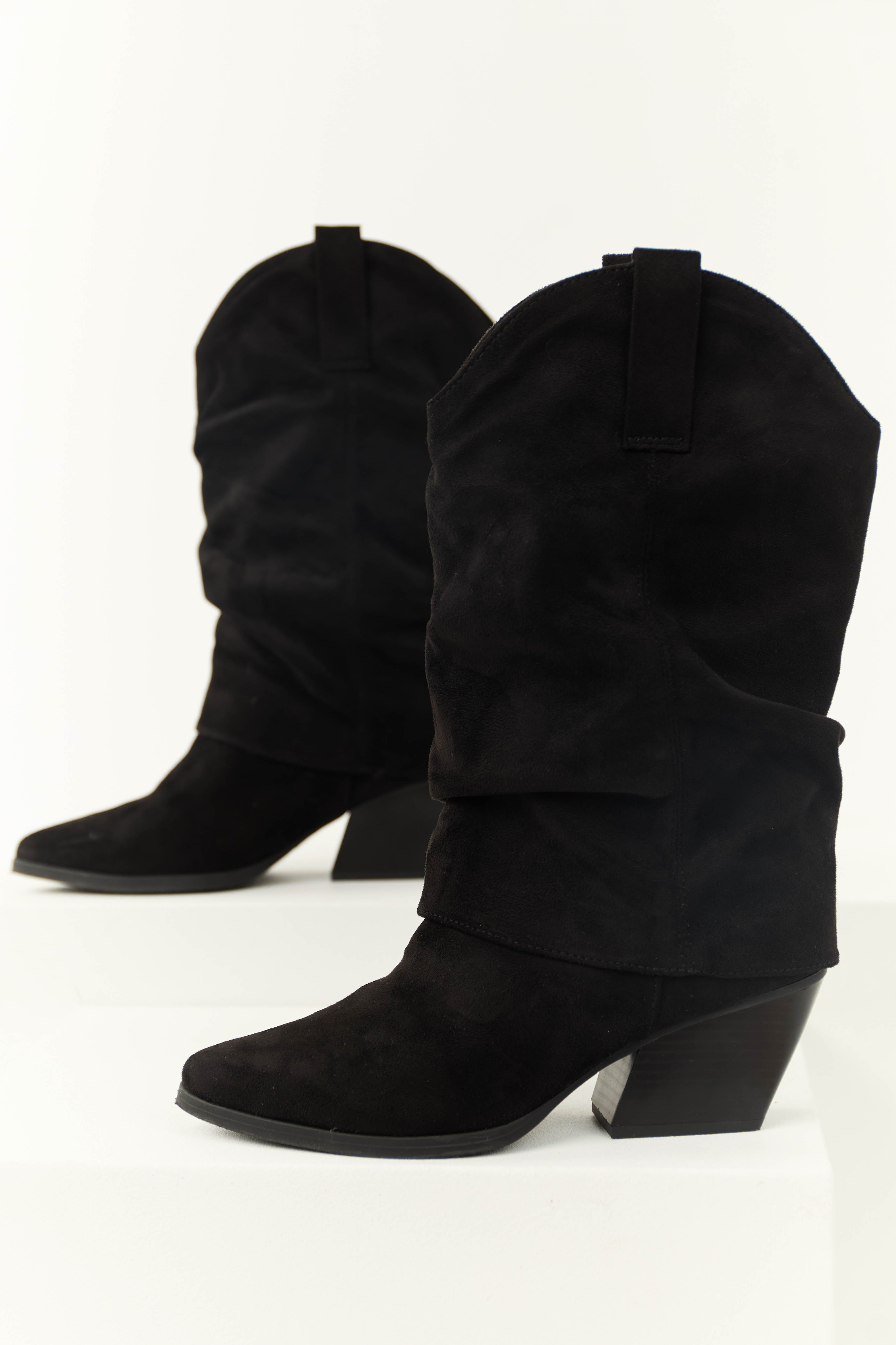 Womens Black Slouchy Mid Calf Boots Pointed Toe Style