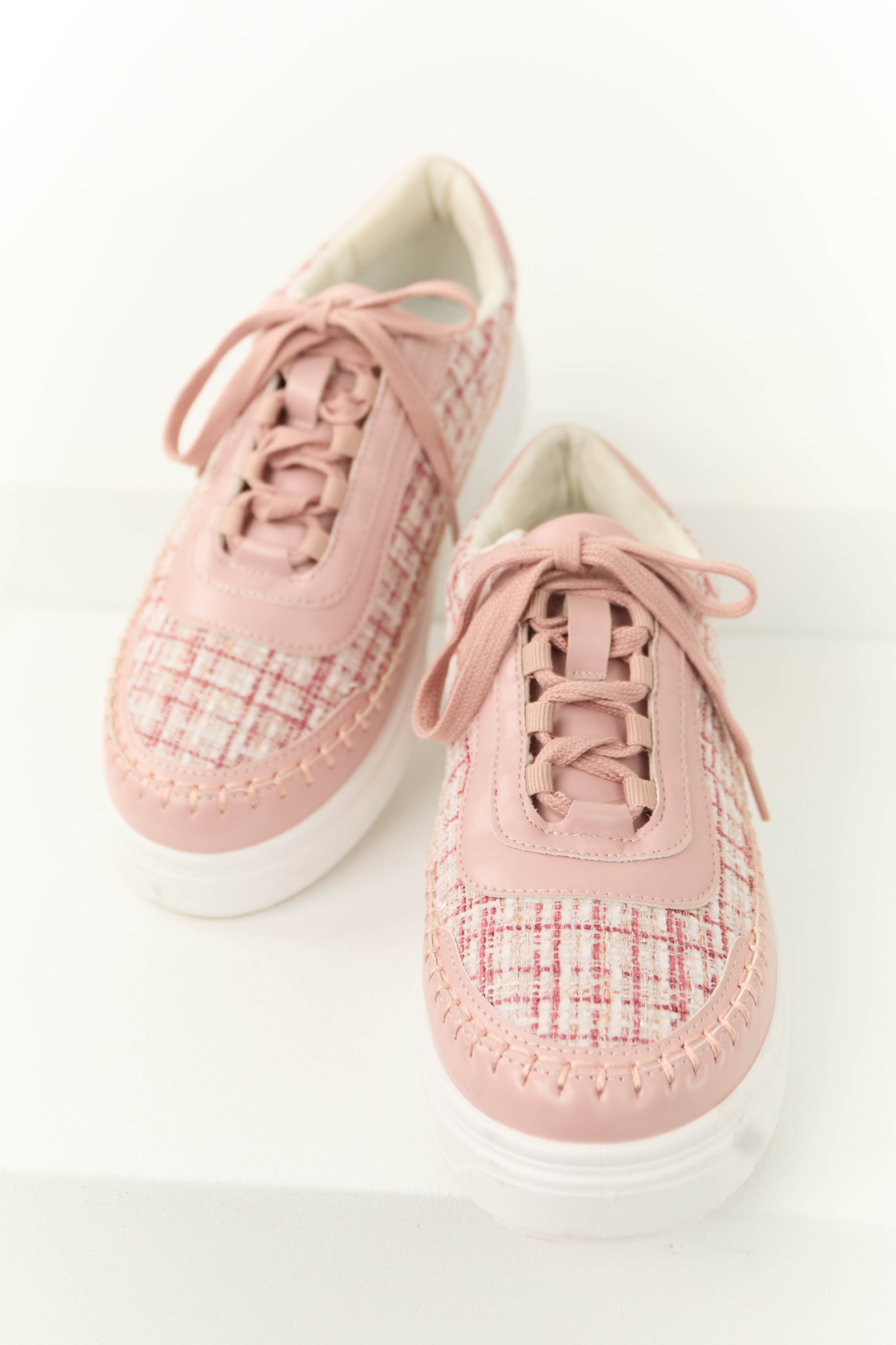Chunky Lace Up Sneakers in Dusty Blush Plaid Tweed