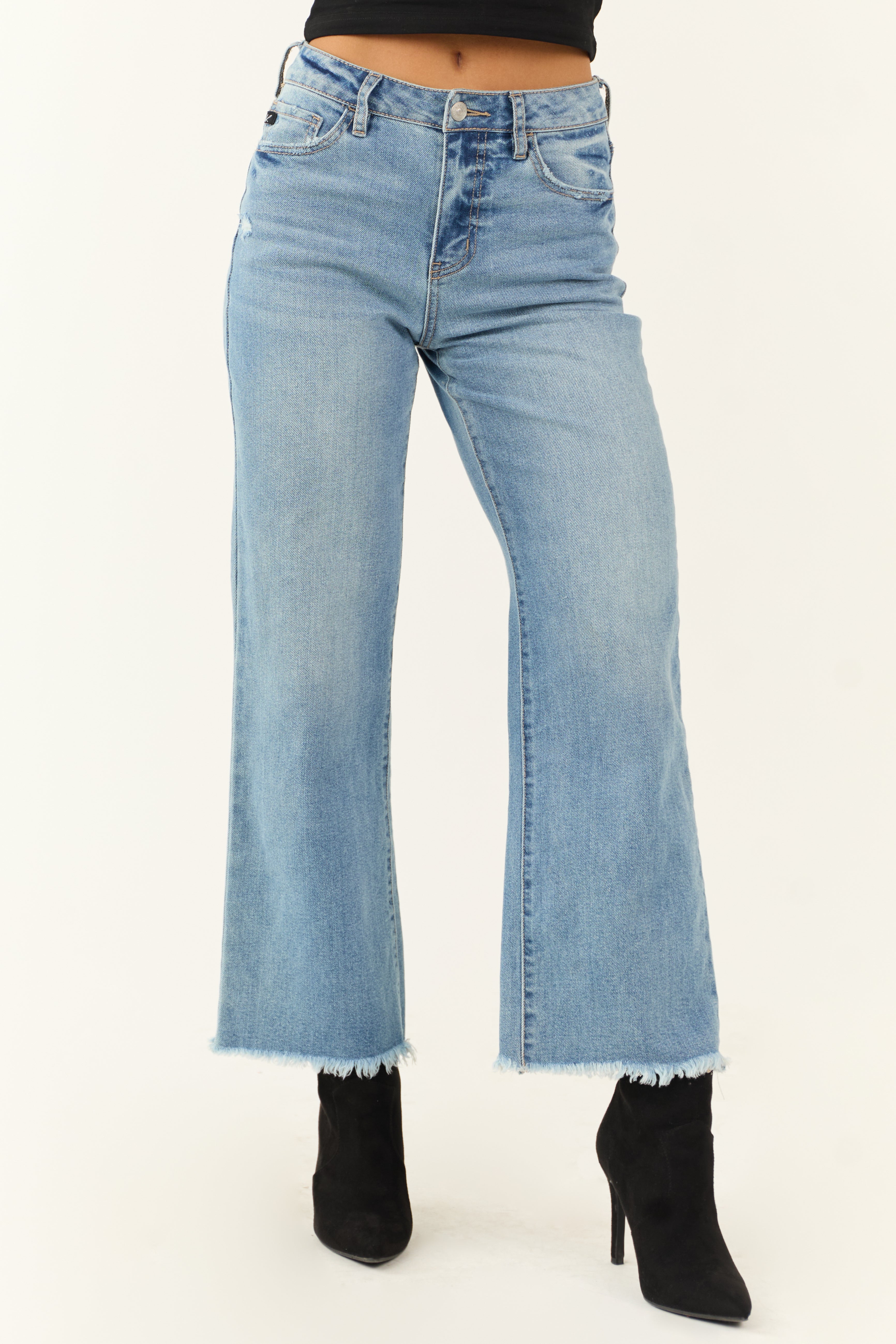 Medium Wash Wide Leg Frayed Denim Jeans