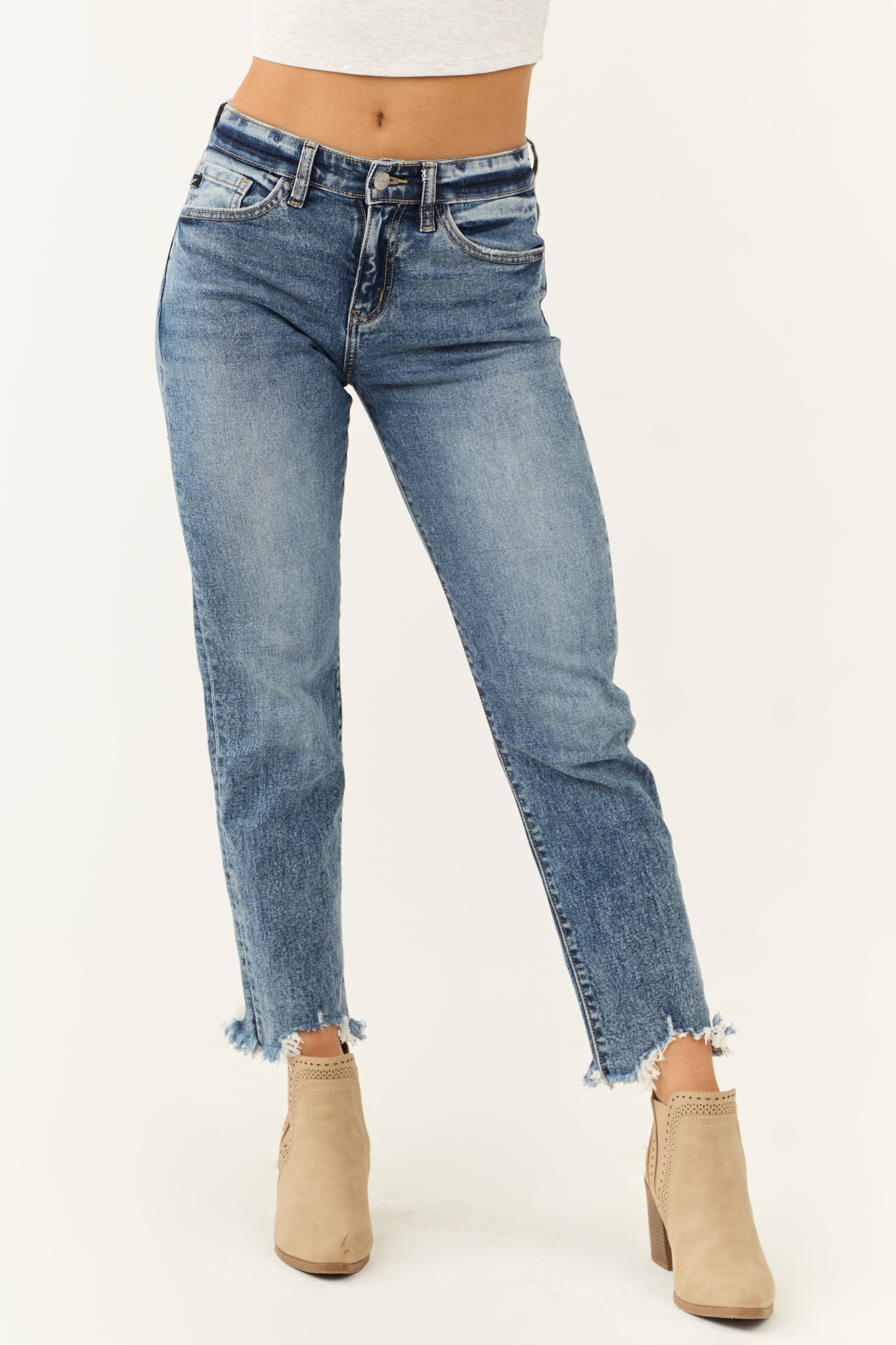 Slim Straight Dark Medium Wash Jeans - High Waisted Ankle Length