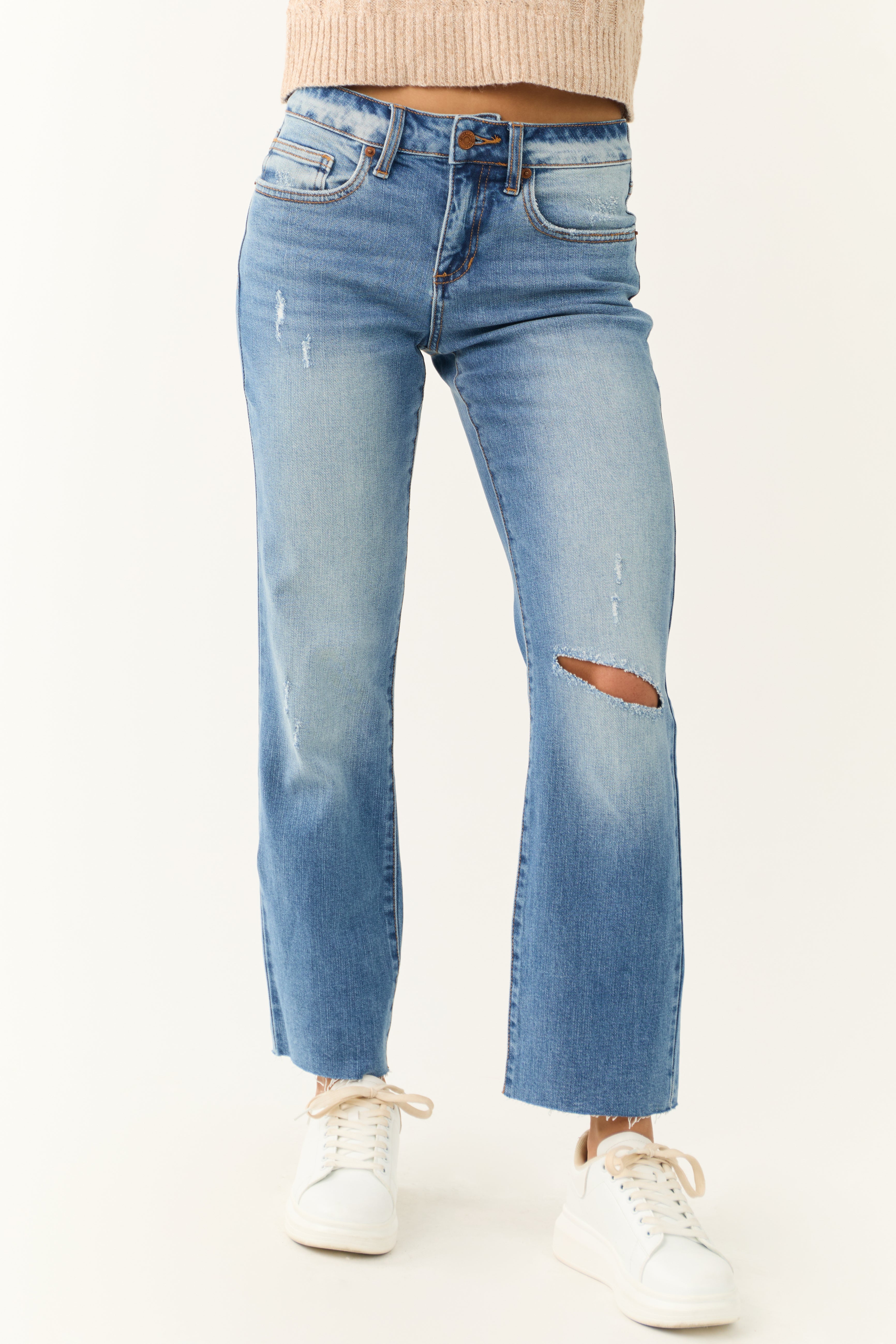 Medium Wash Straight Leg Ankle Jeans Womens Blue Denim Pants