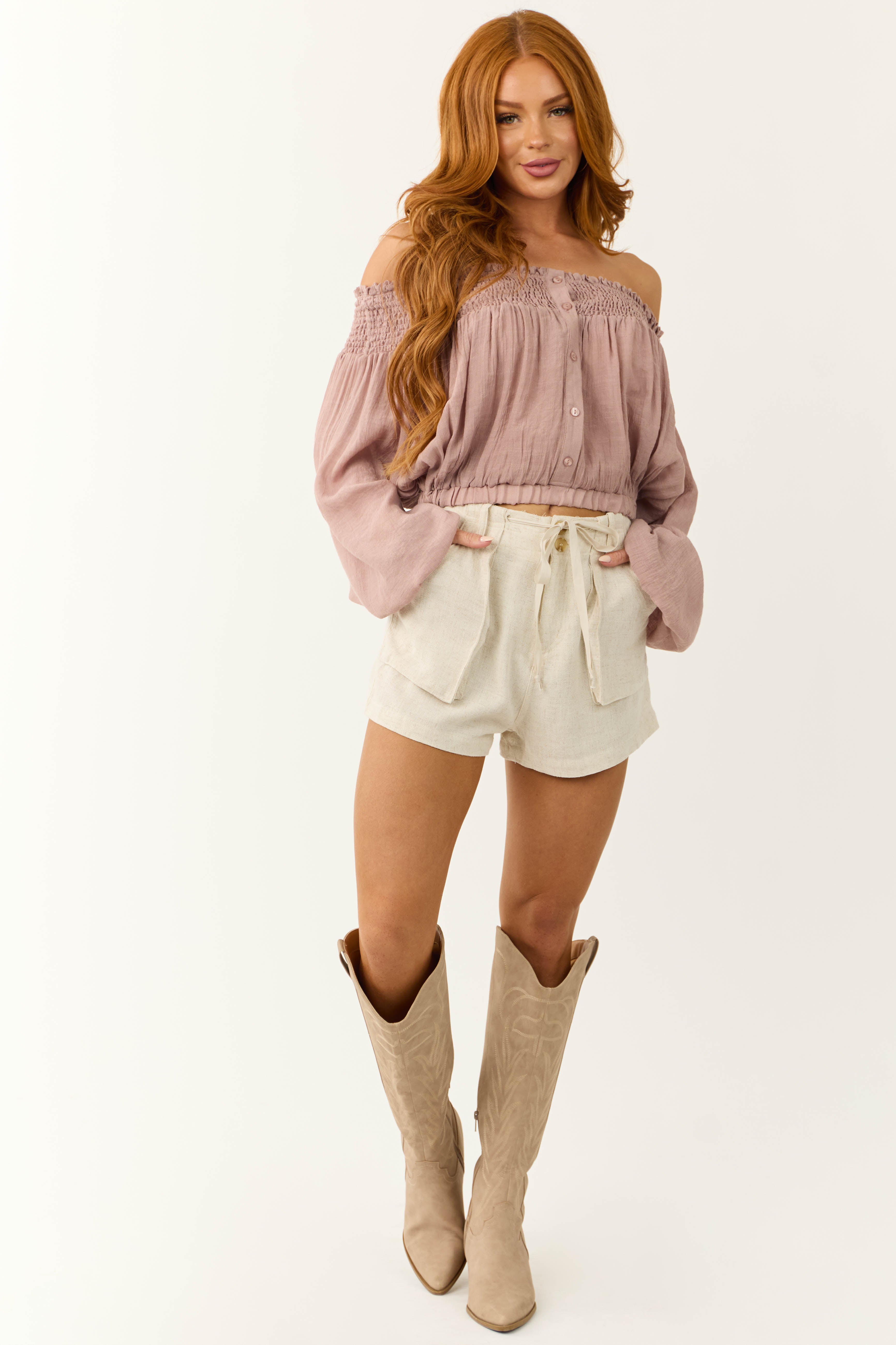 White Linen Tie Waist Casual Shorts