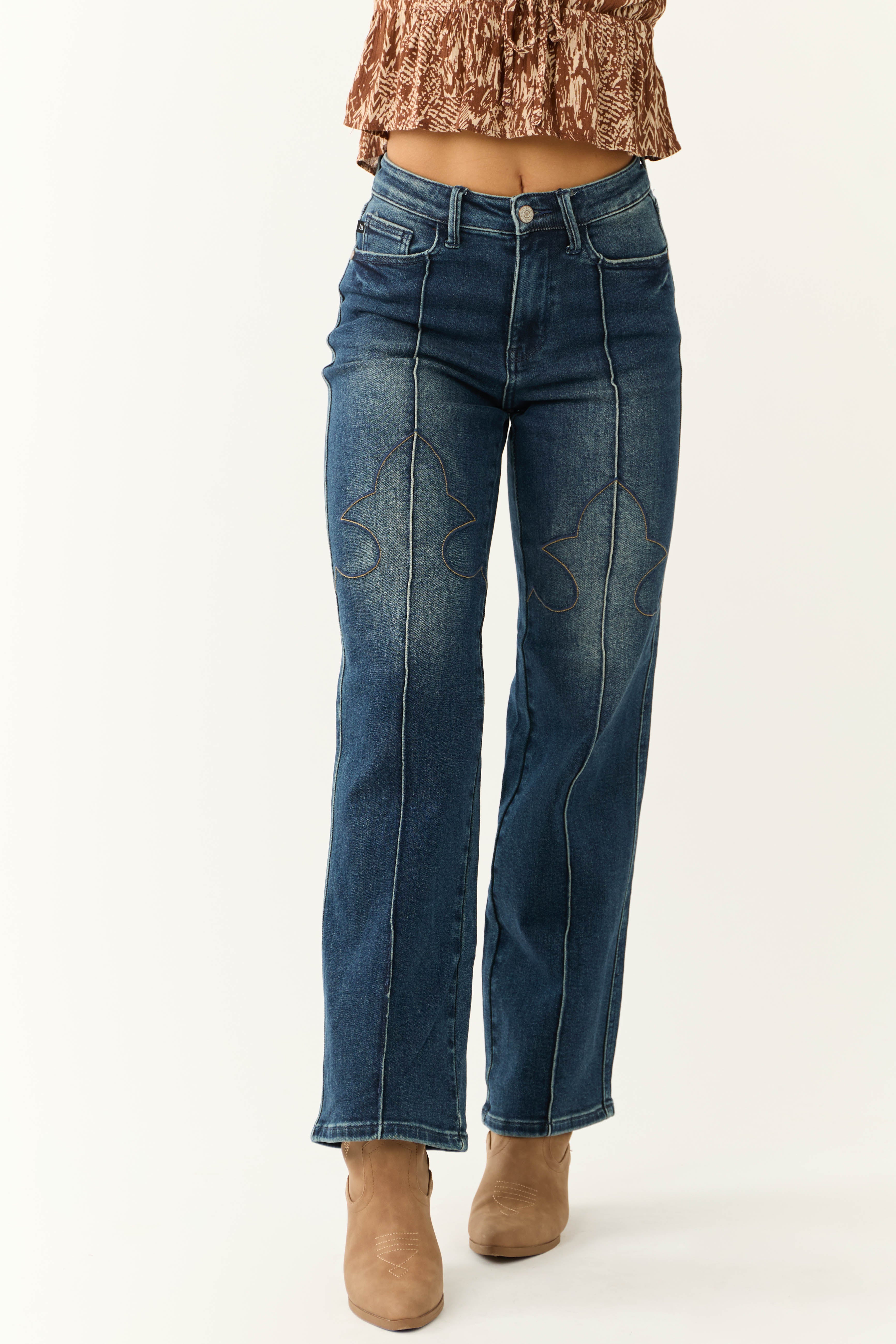 Dark Wash Embroidered Detail High-Waisted Jeans