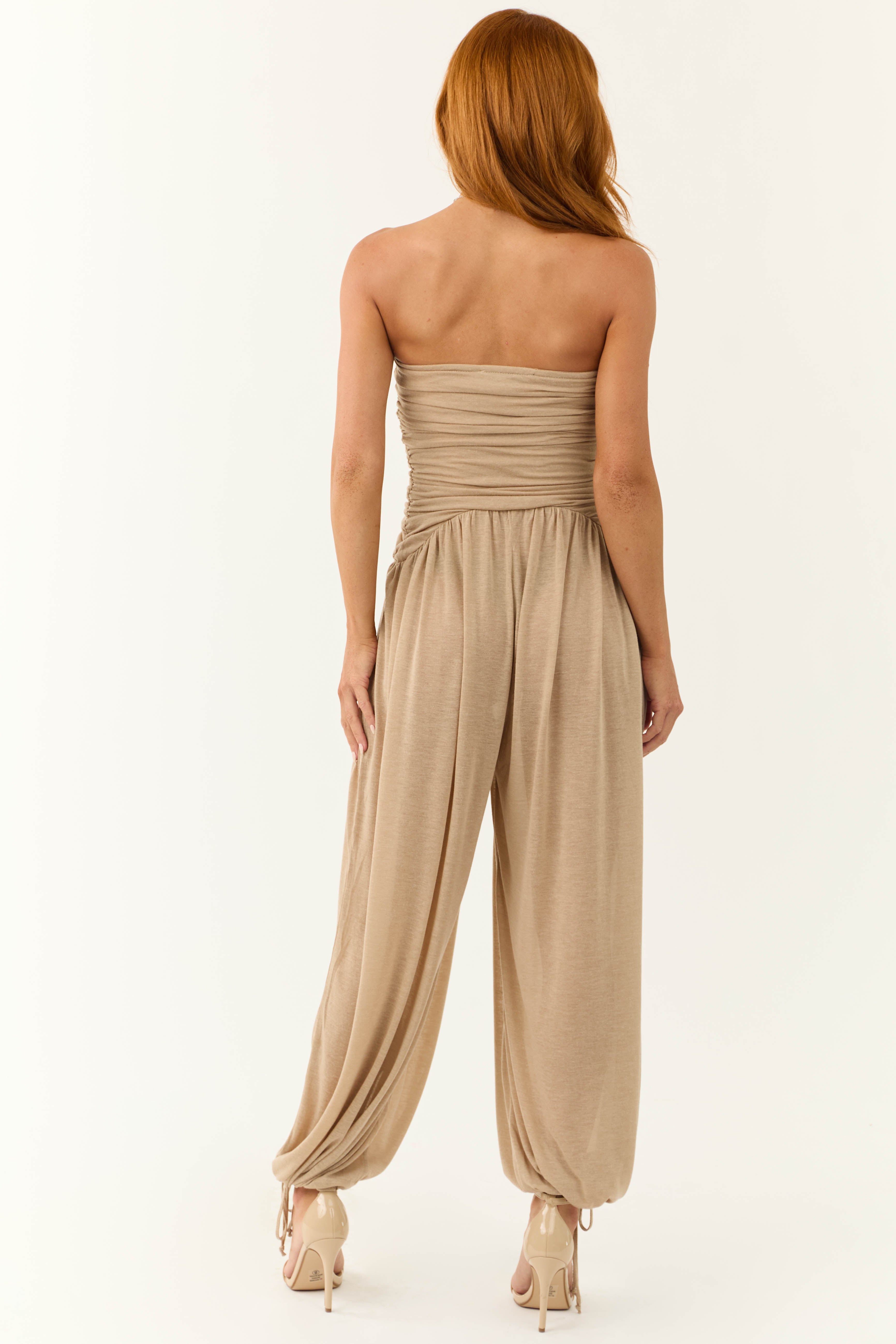 Taupe Strapless Ribbed Jumpsuit with Drawstring Tie Hem