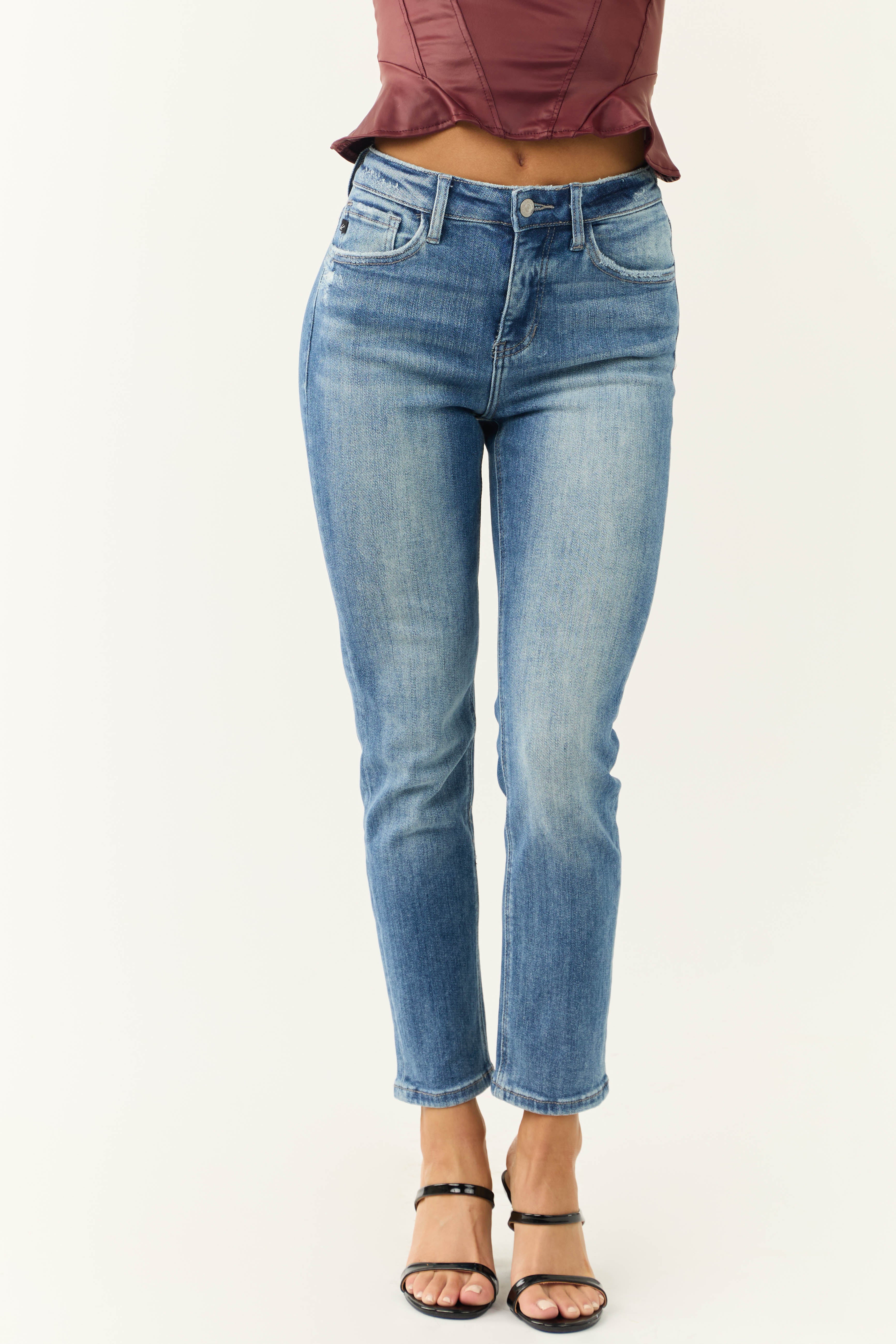 High Rise Slim Straight Jeans in Medium Wash Stretch Denim