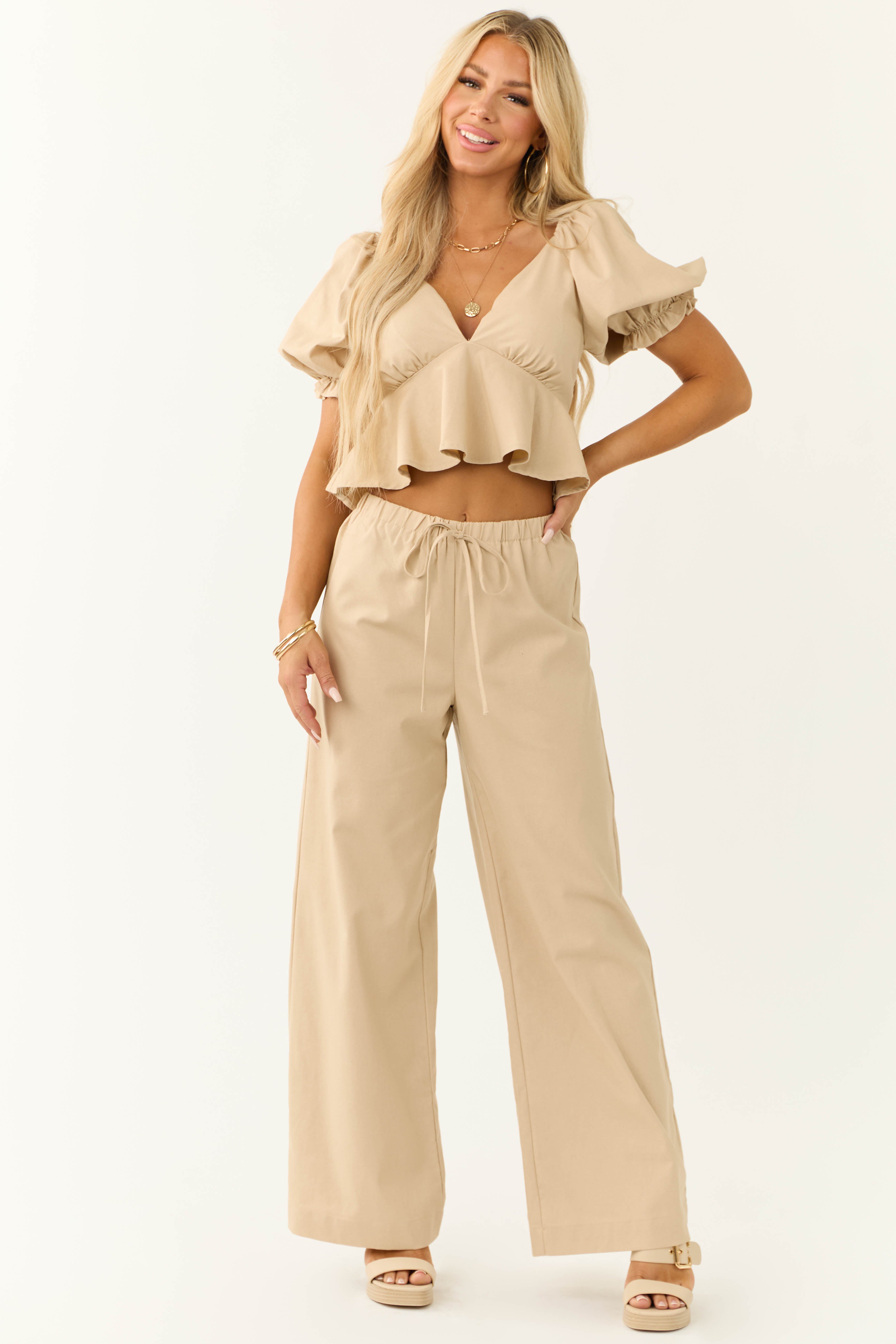 Beige Linen High Waist Wide Leg Pants