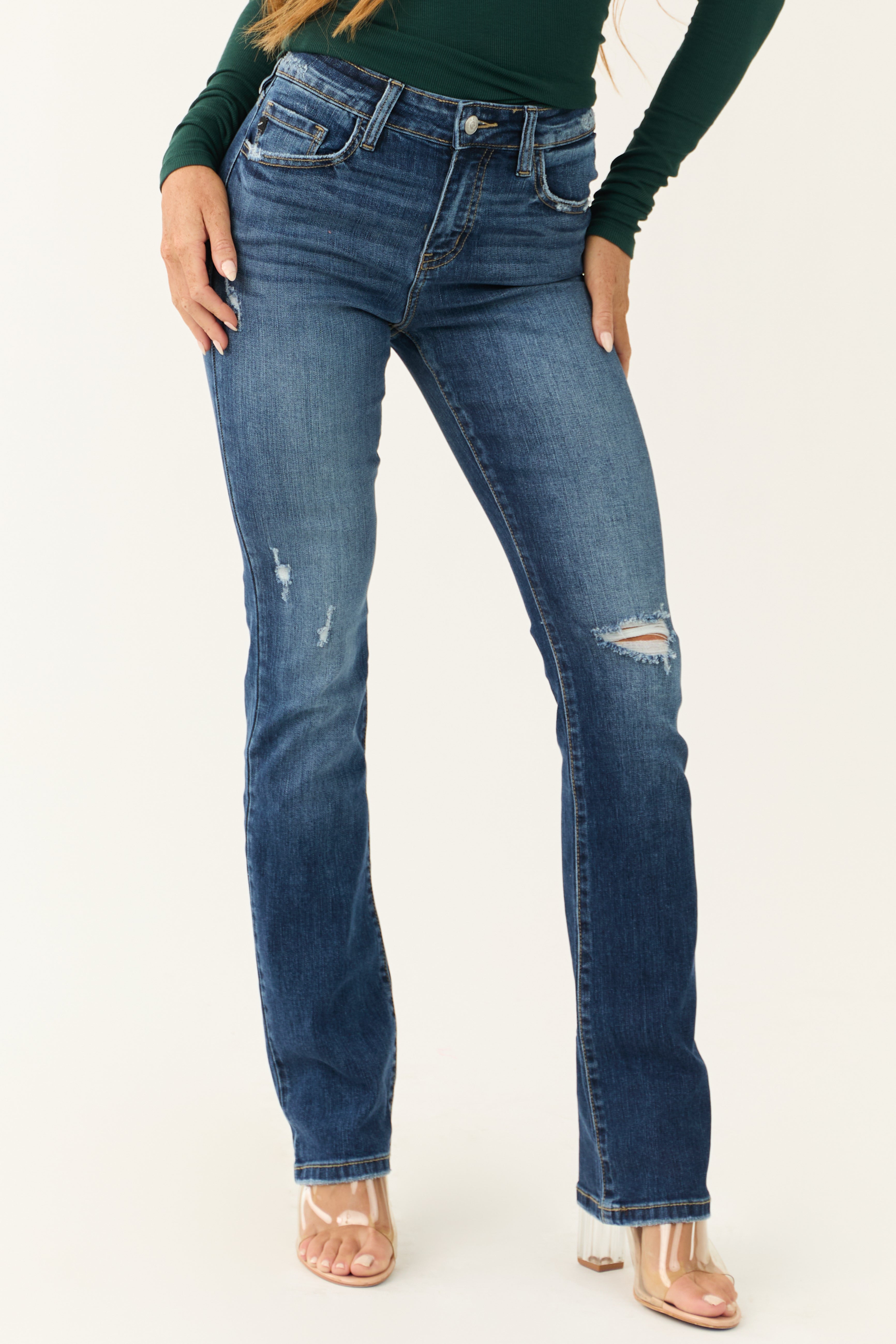 Dark Wash High Rise Skinny Bootcut Jeans for Women, Stretchy Denim