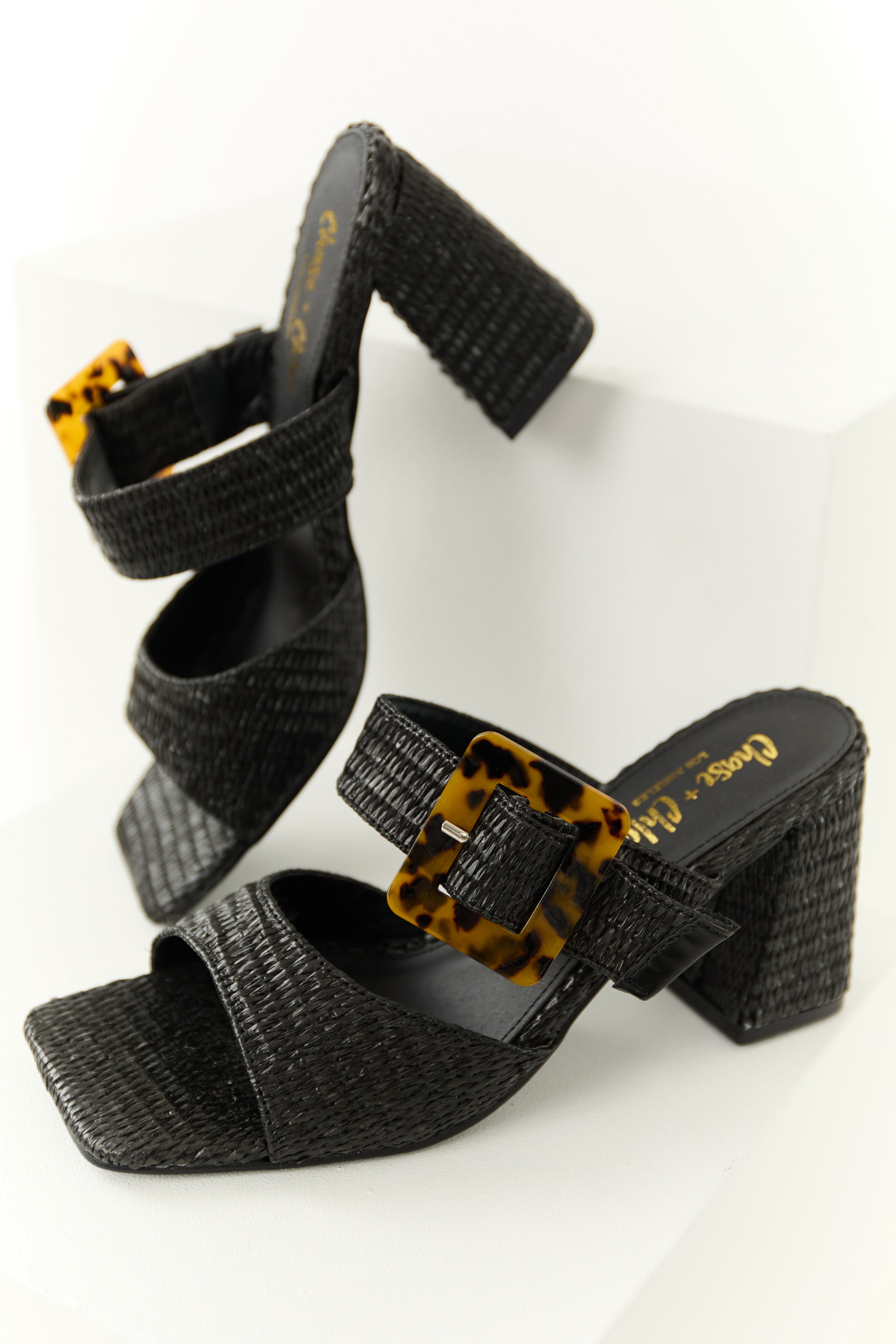 Black Woven Buckle Heel Sandals