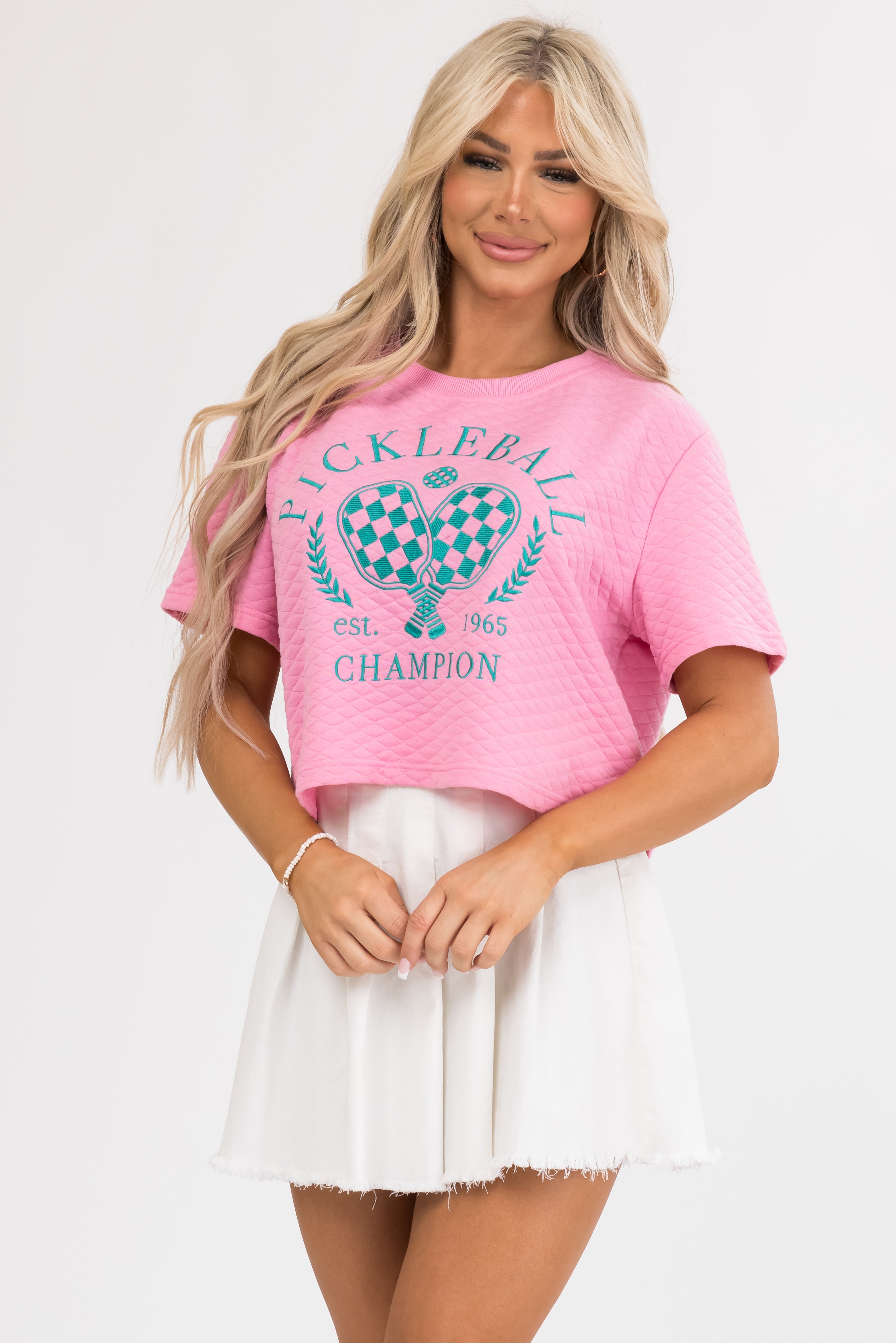 Quilted Graphic Top in Juniper Color, Boxy Fit
