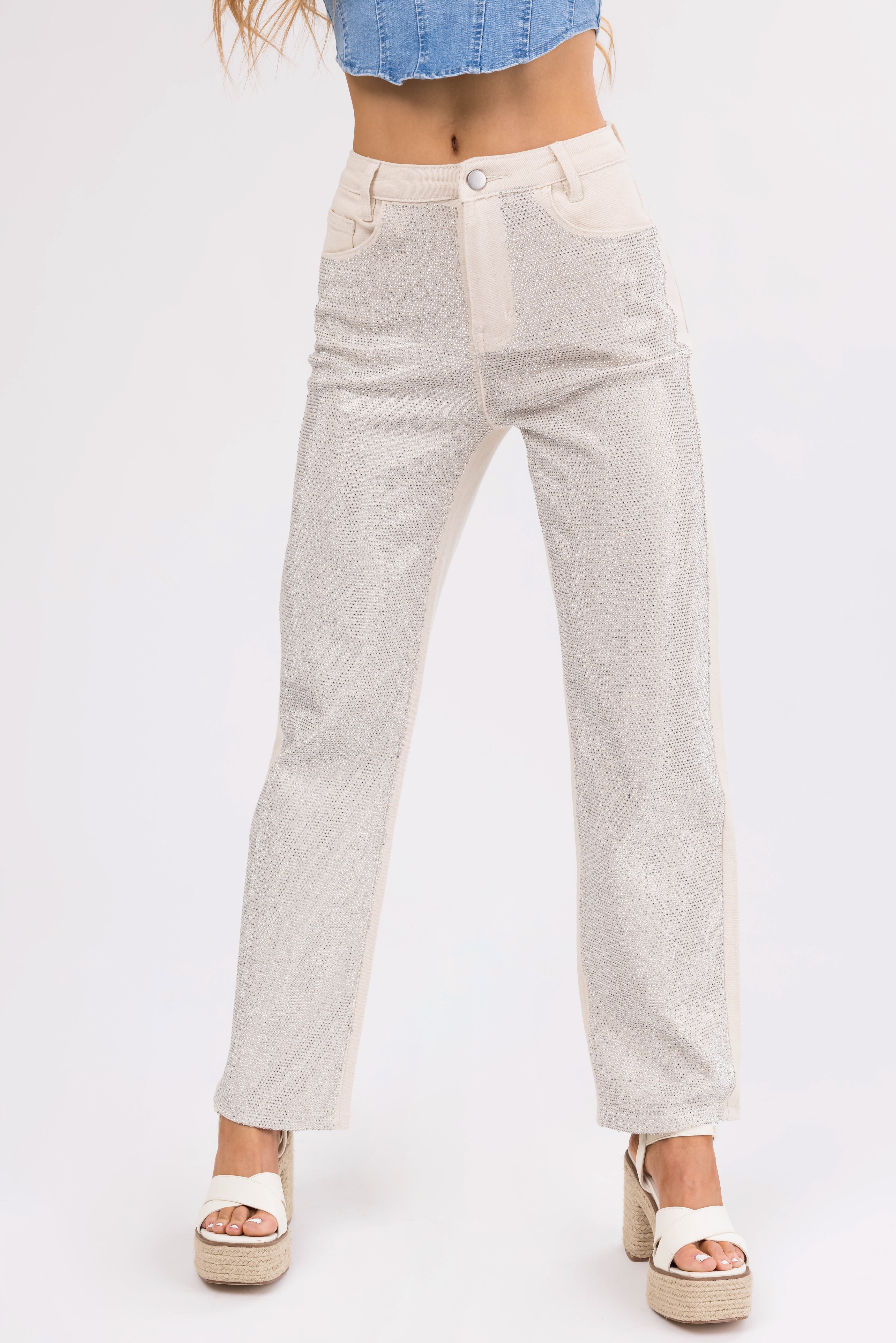 High Rise Blue Rhinestone Embellished Straight Leg Jeans