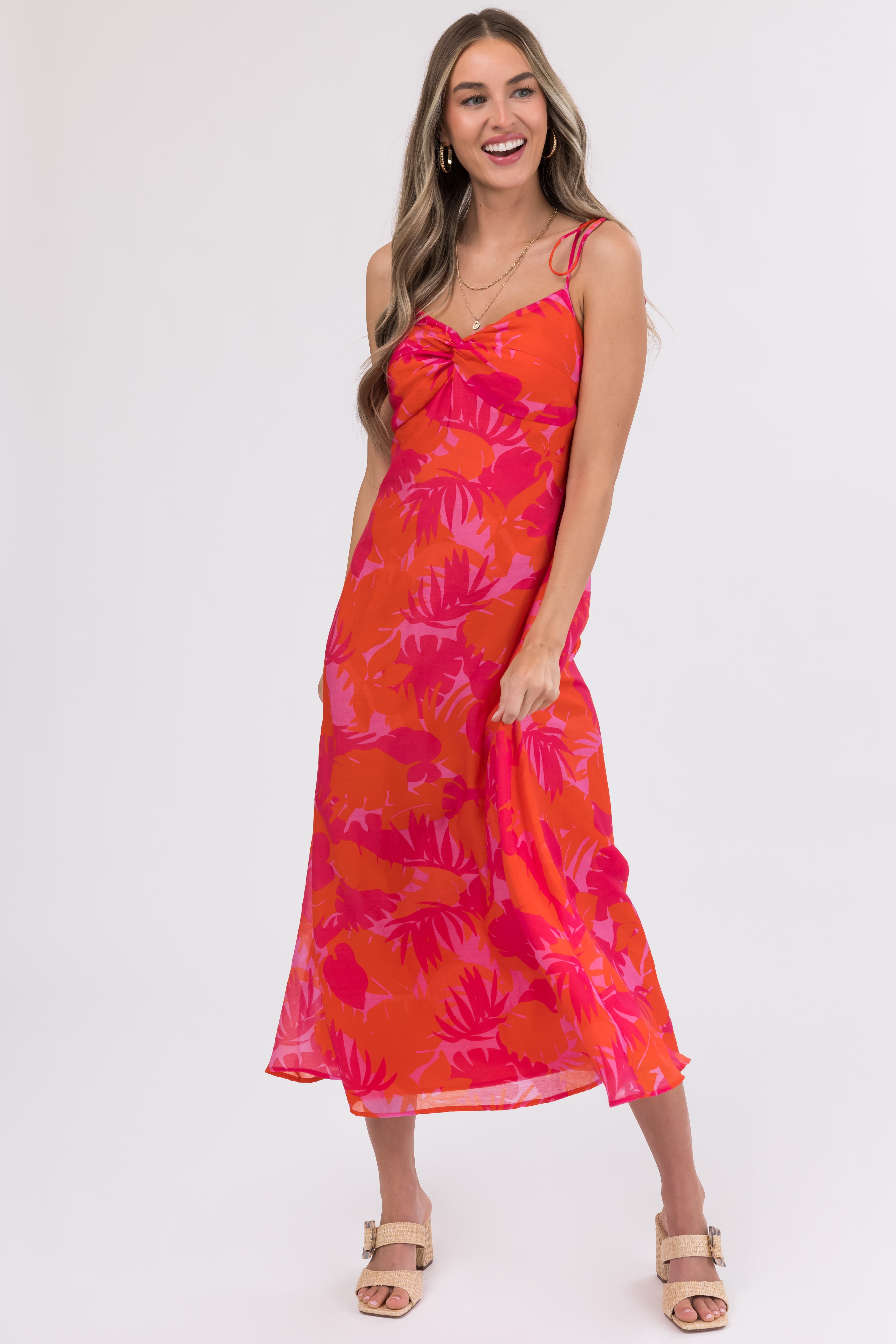 Raspberry Leaf Print Maxi Dress with Sweetheart Neckline