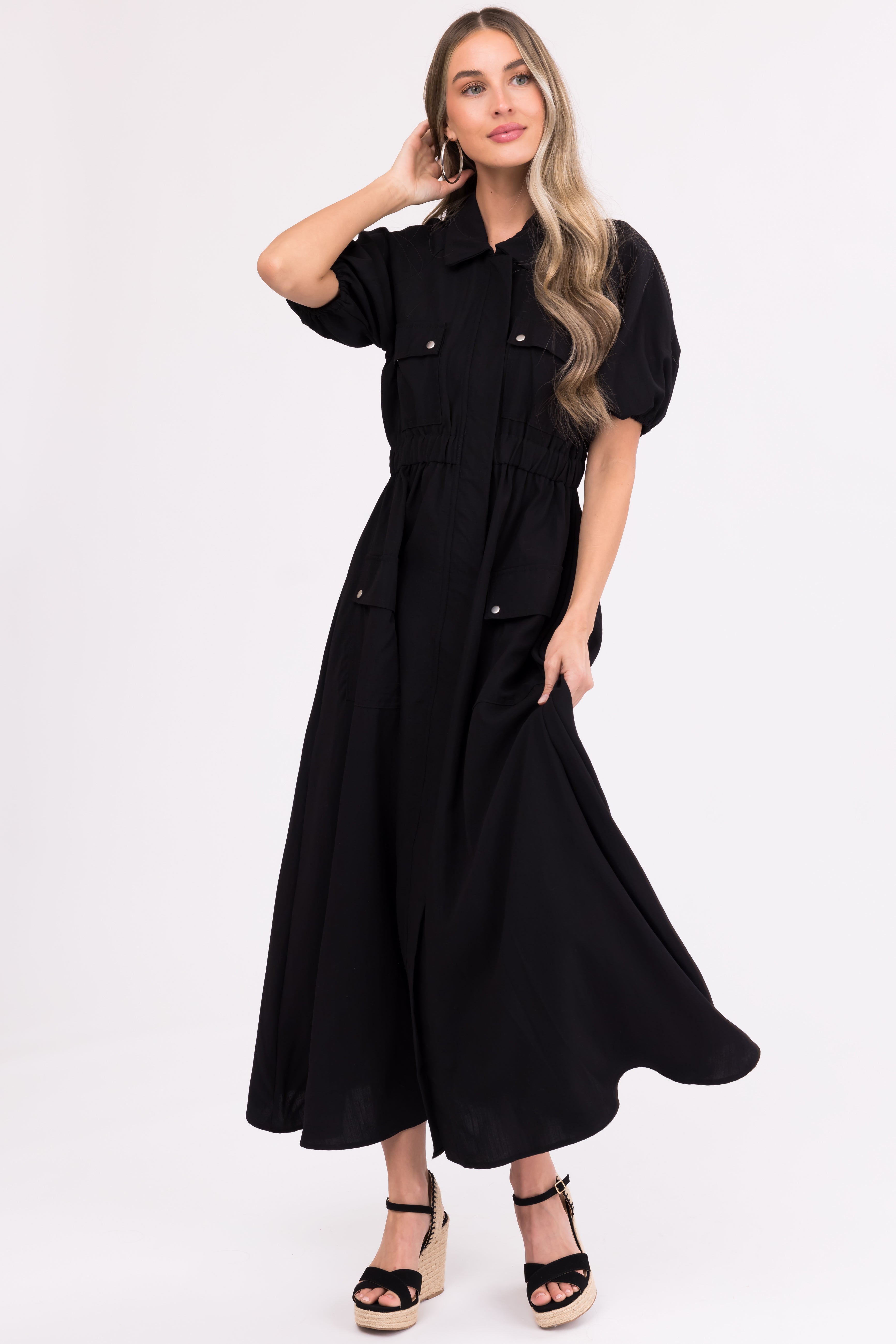 Black Maxi Shirt Dress with Zipper Front