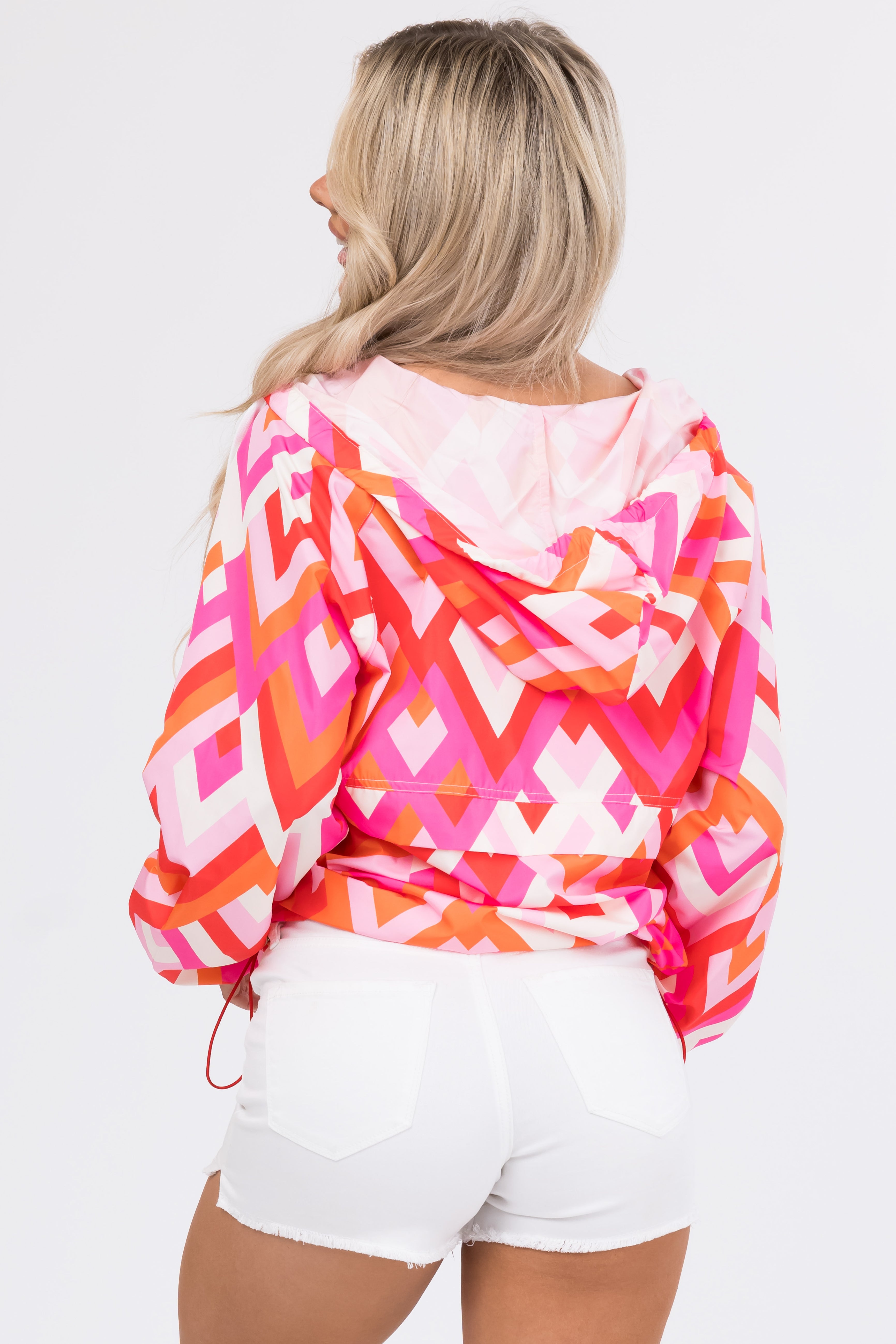 Magenta Geometric Pattern Hooded Windbreaker Jacket