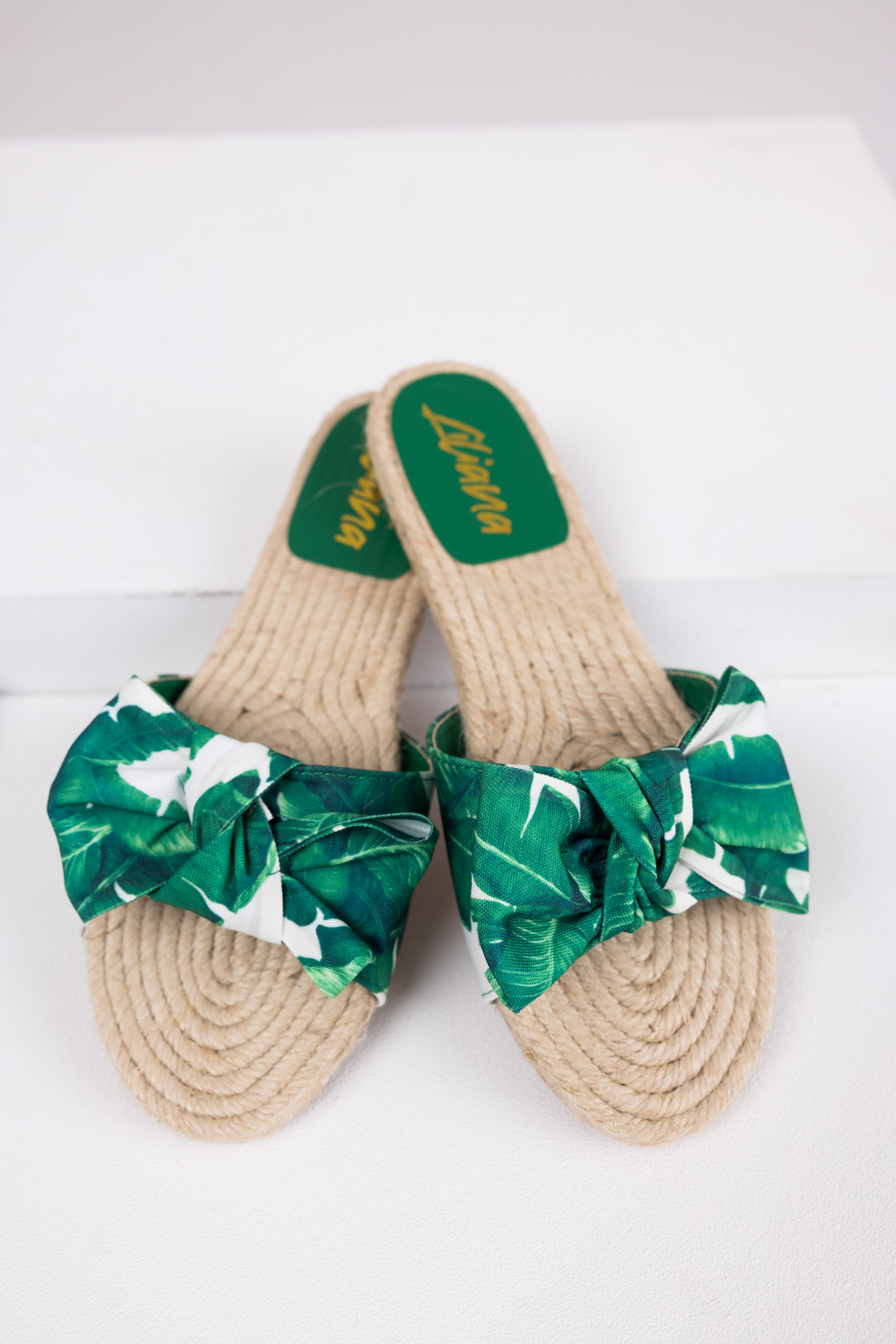 Green & Off White Palm Print Flat Espadrille Sandals