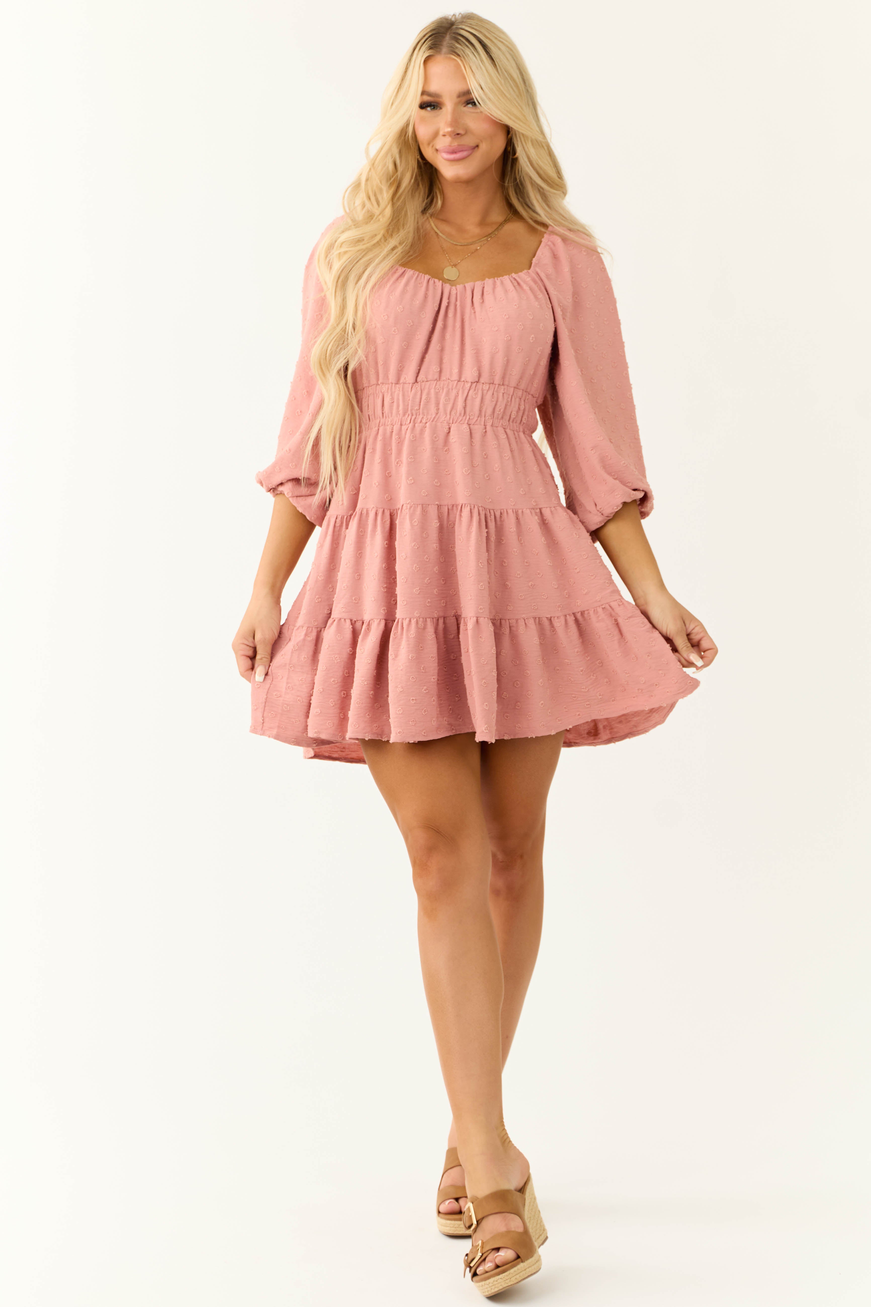 Pink Swiss Dot Tiered Mini Dress