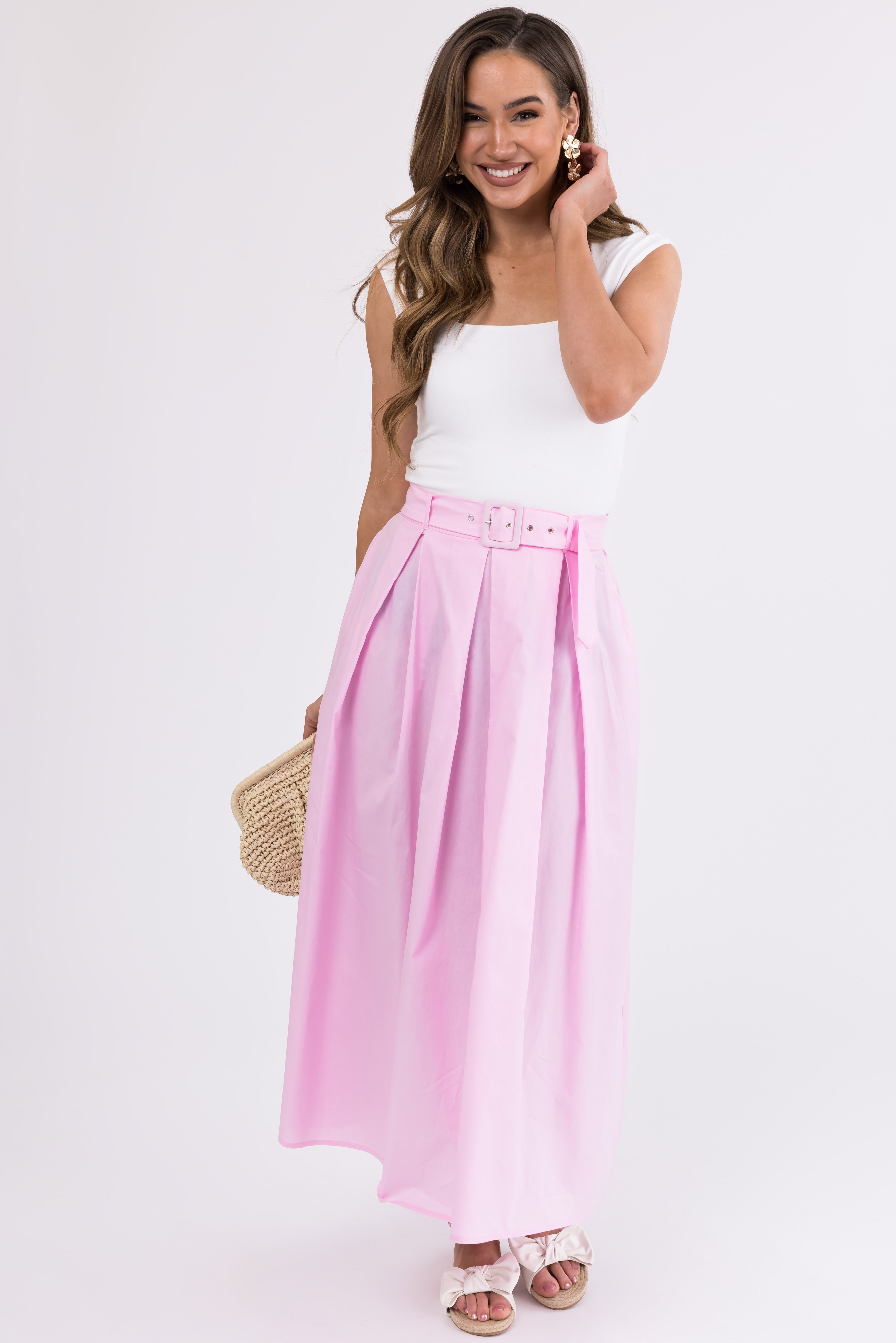 Pink Cotton A-Line Maxi Skirt with Belt