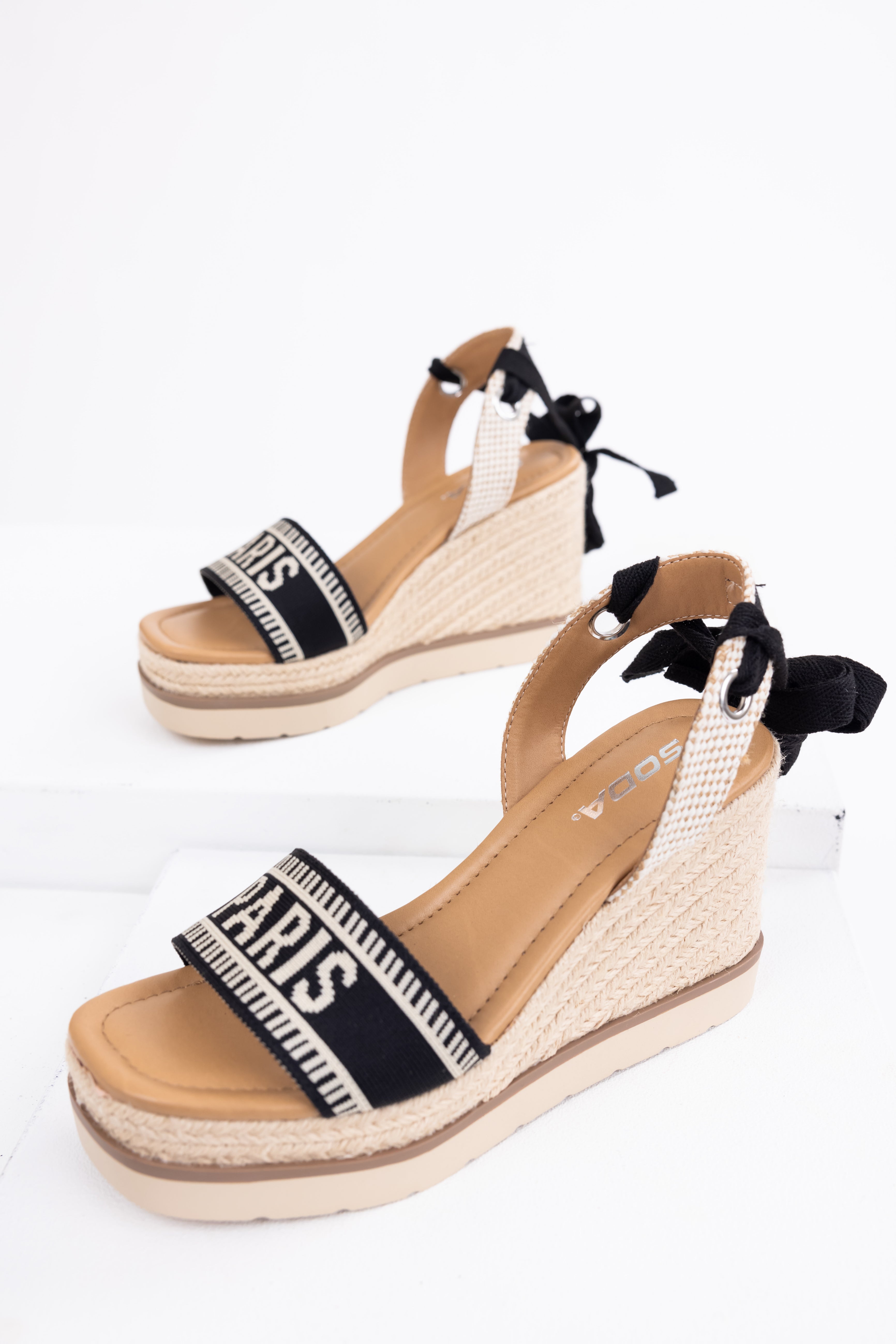 Black Espadrille Platform Wedges with Ankle Strap Closure