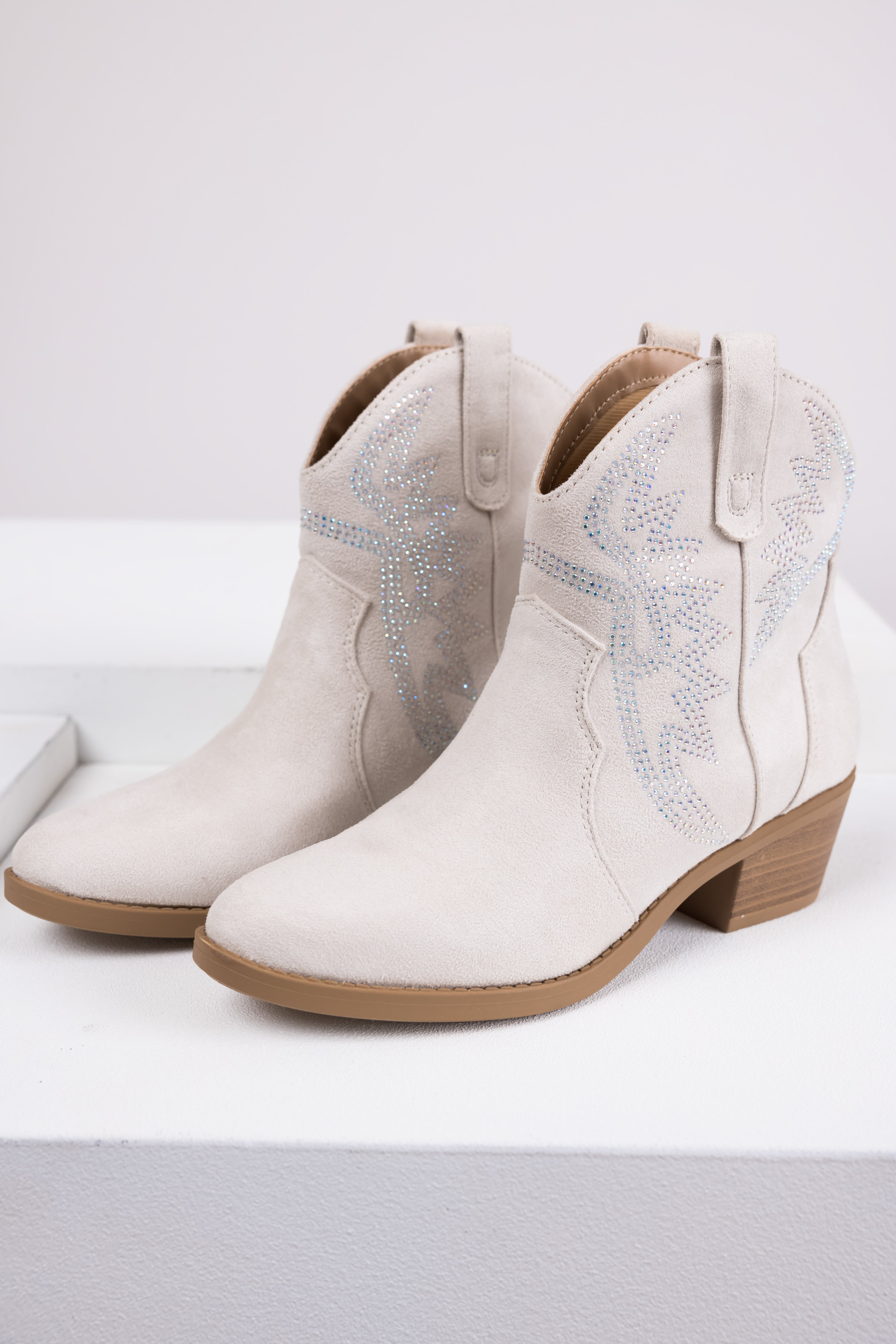 White Rhinestone Detail Western Ankle Boots