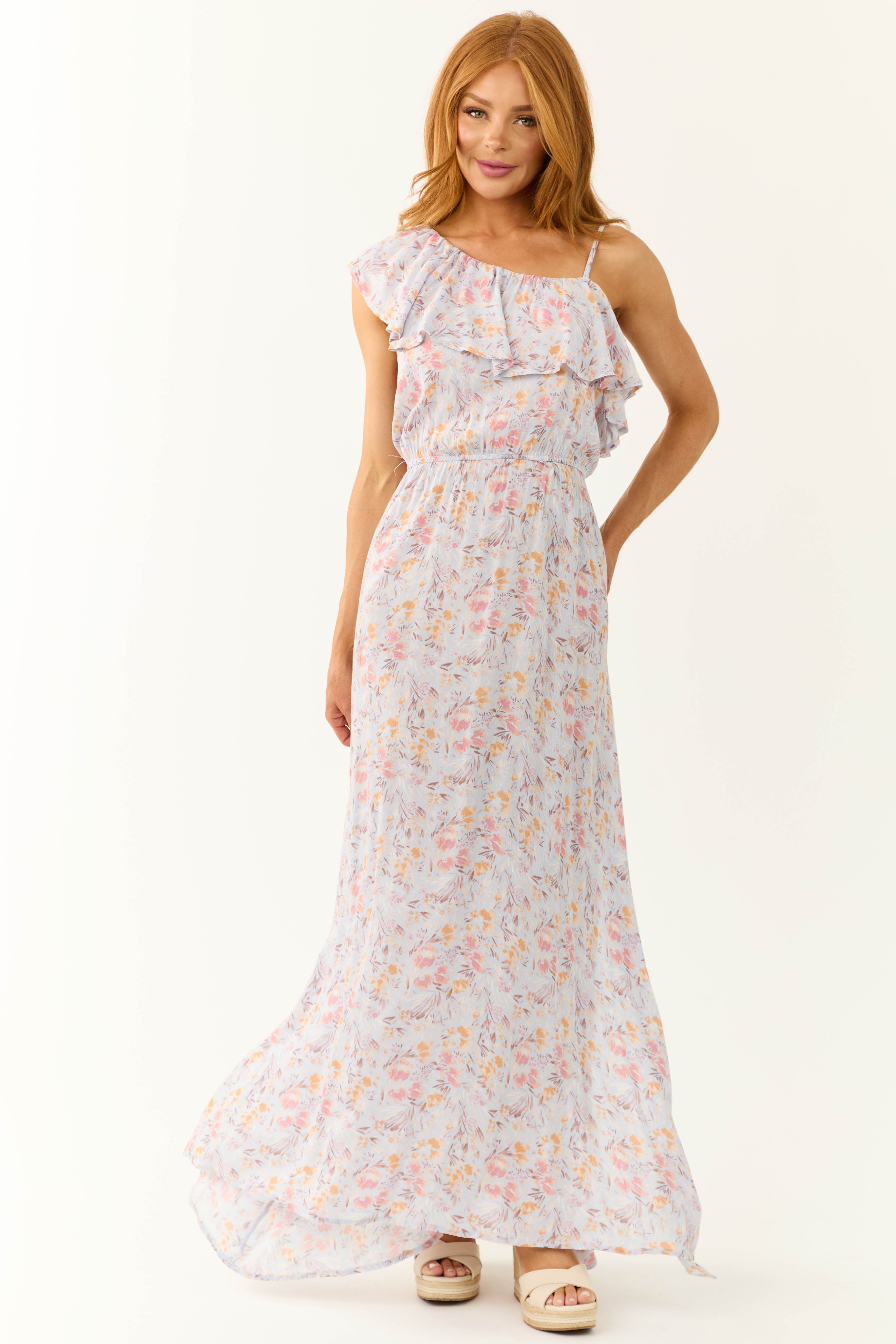Periwinkle Floral One Shoulder Maxi Dress Ruffle Detail