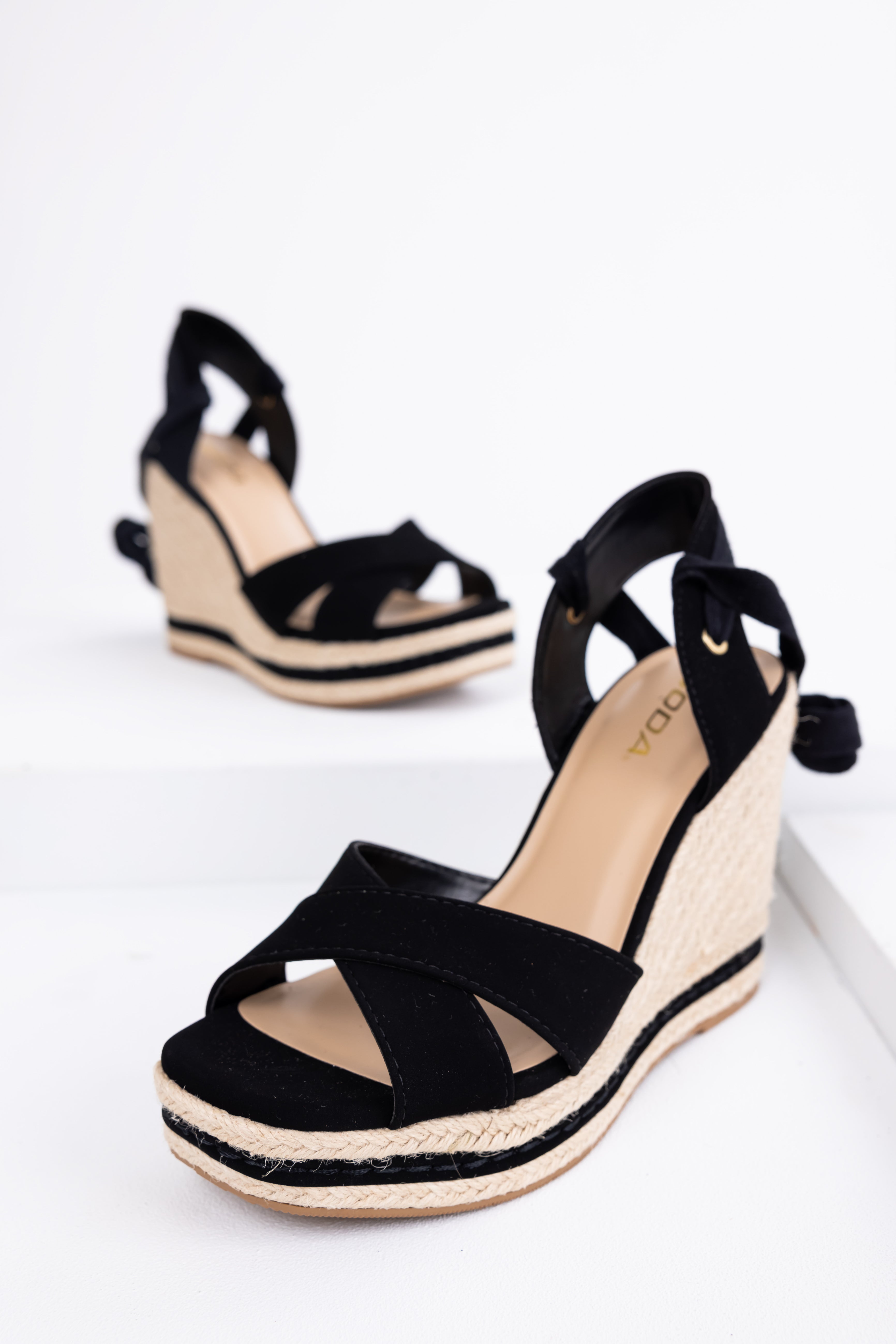 Black Lace-Up Espadrille Wedges with Cross Straps
