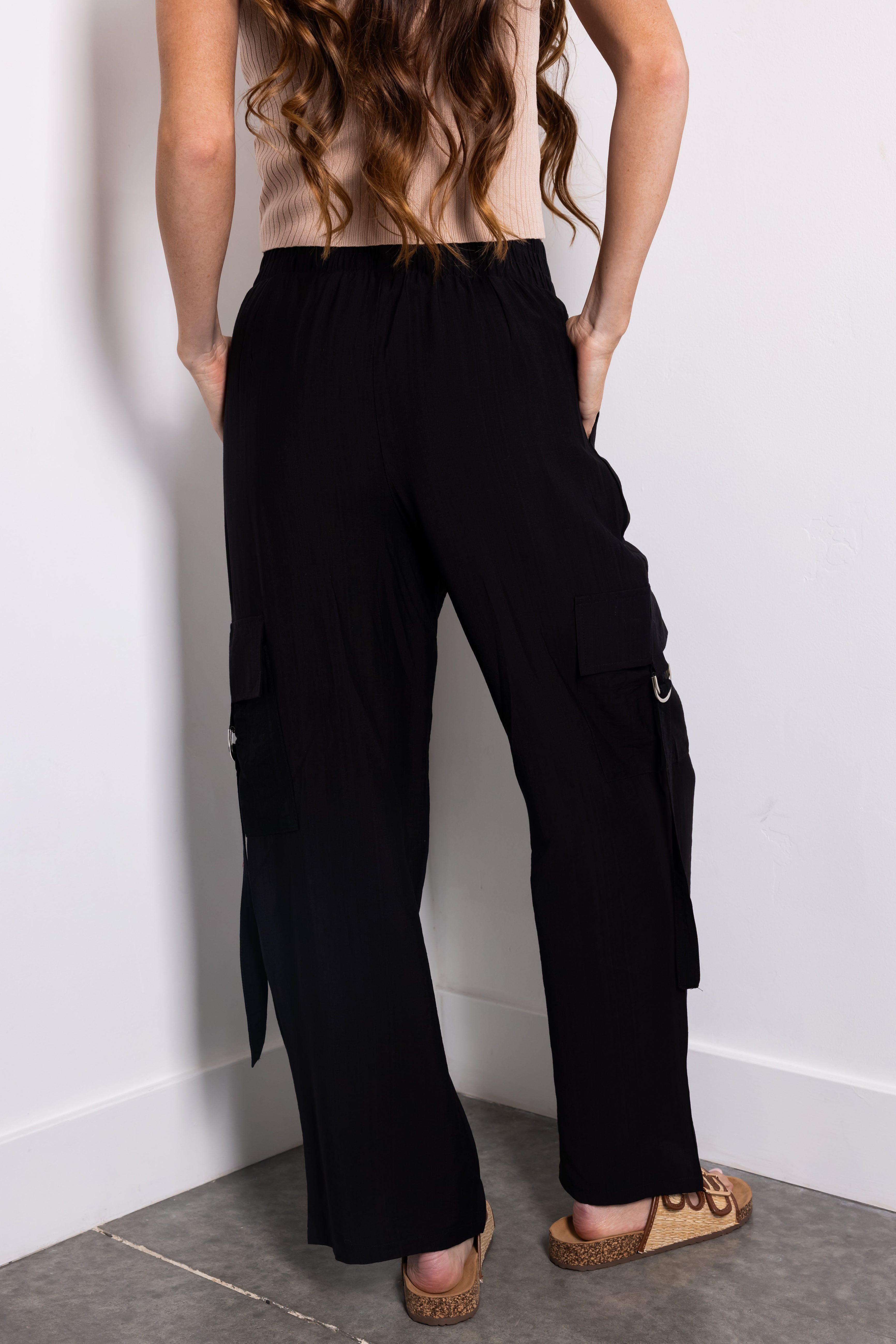 Black Wide Leg Cargo Pants - Smocked Elastic Waist