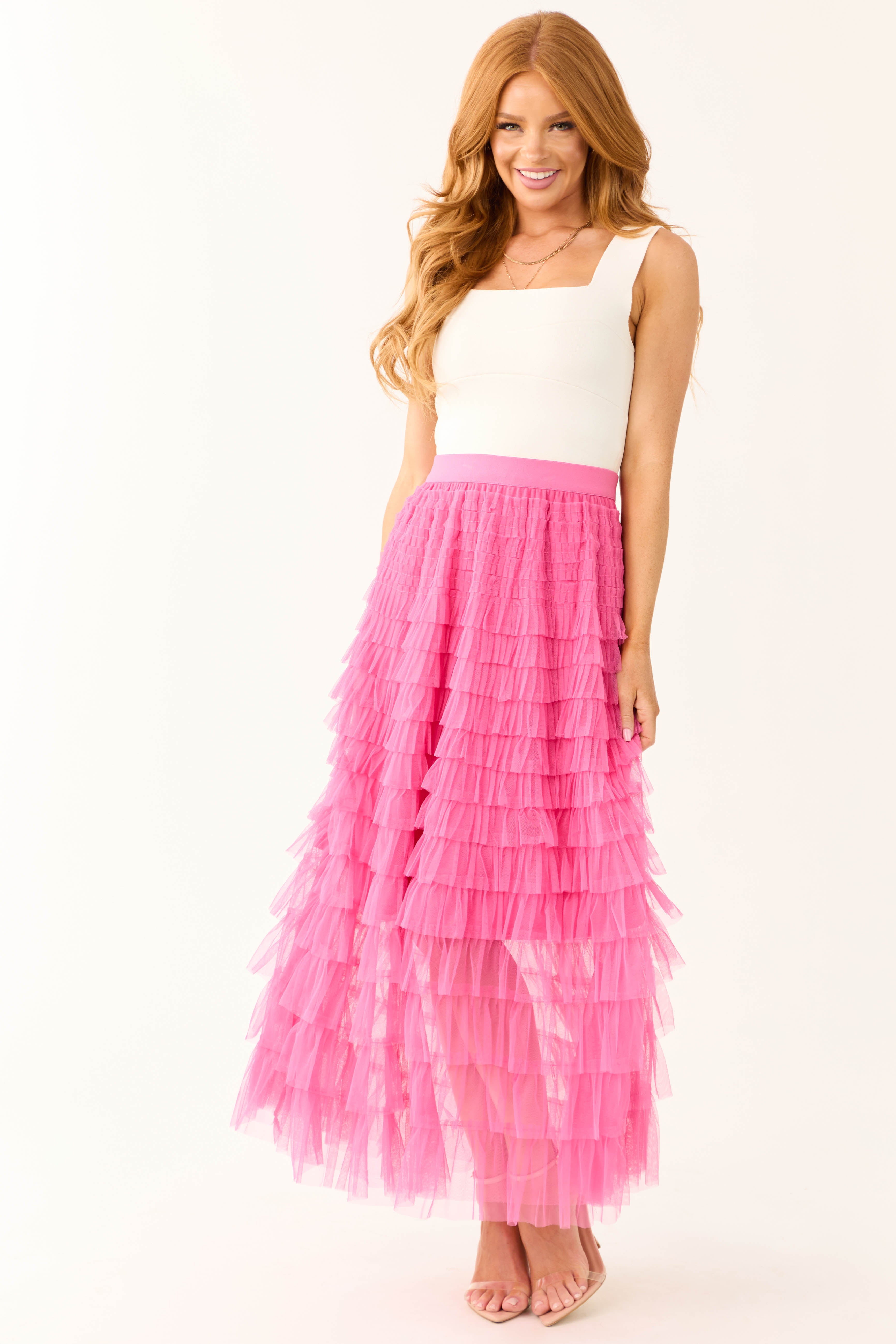 Pink Mesh Ruffle Tulle Maxi Skirt