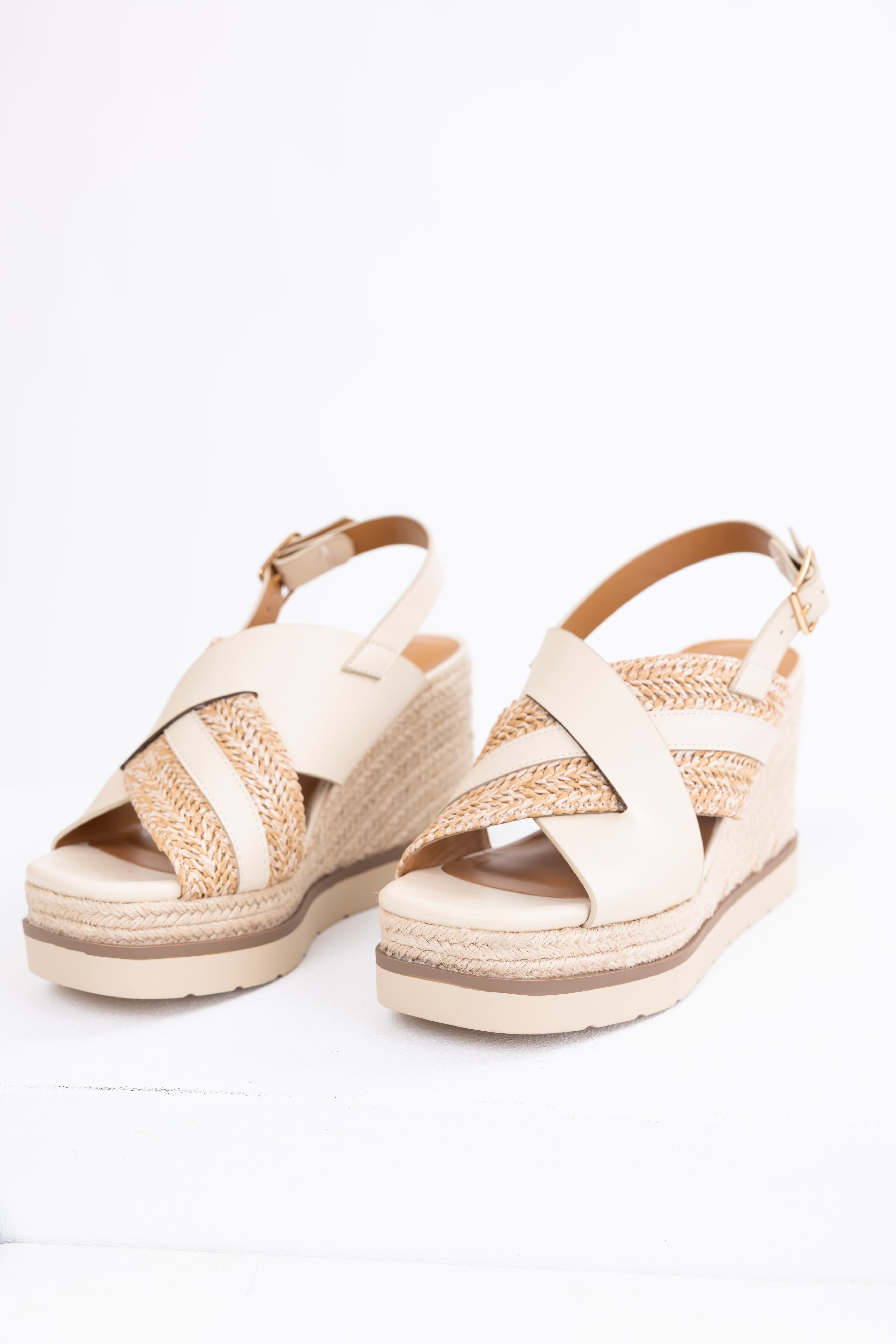Beige Platform Wedge Sandals with Cross Straps