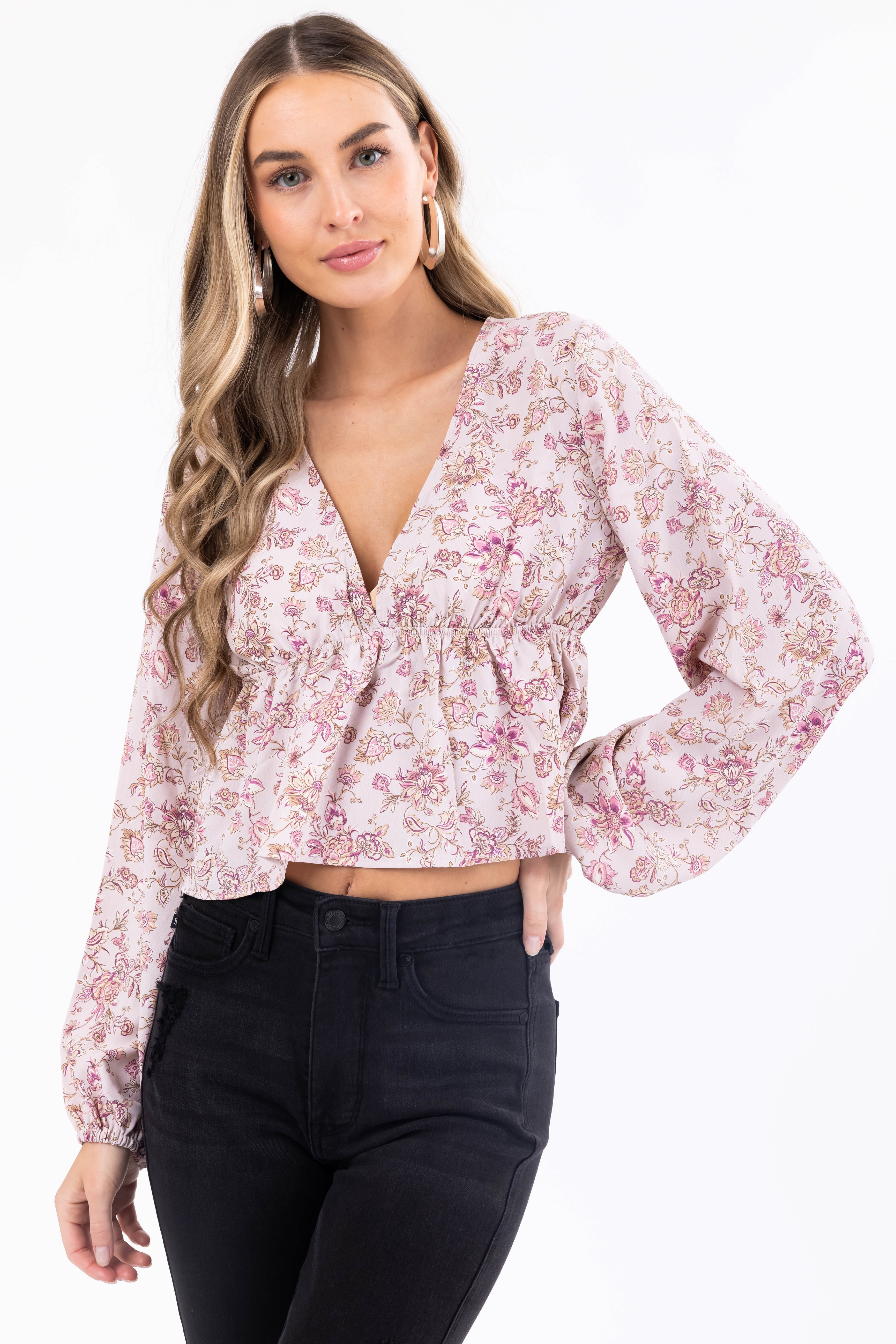 Floral Print V Neck Long Sleeve Top in Dusty Blush