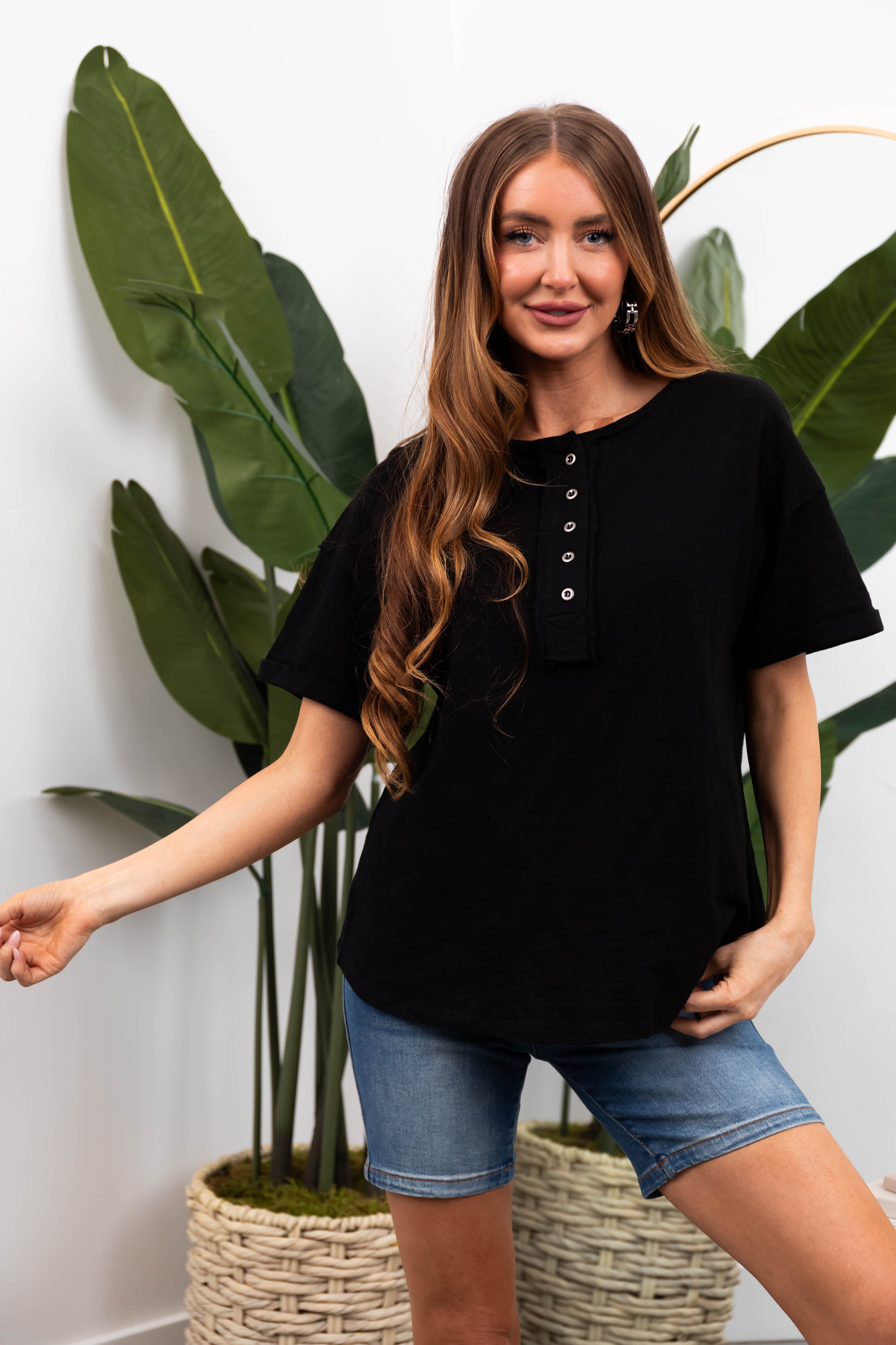Black Knit Oversized Top with Button Front - Casual Daytime Fashion