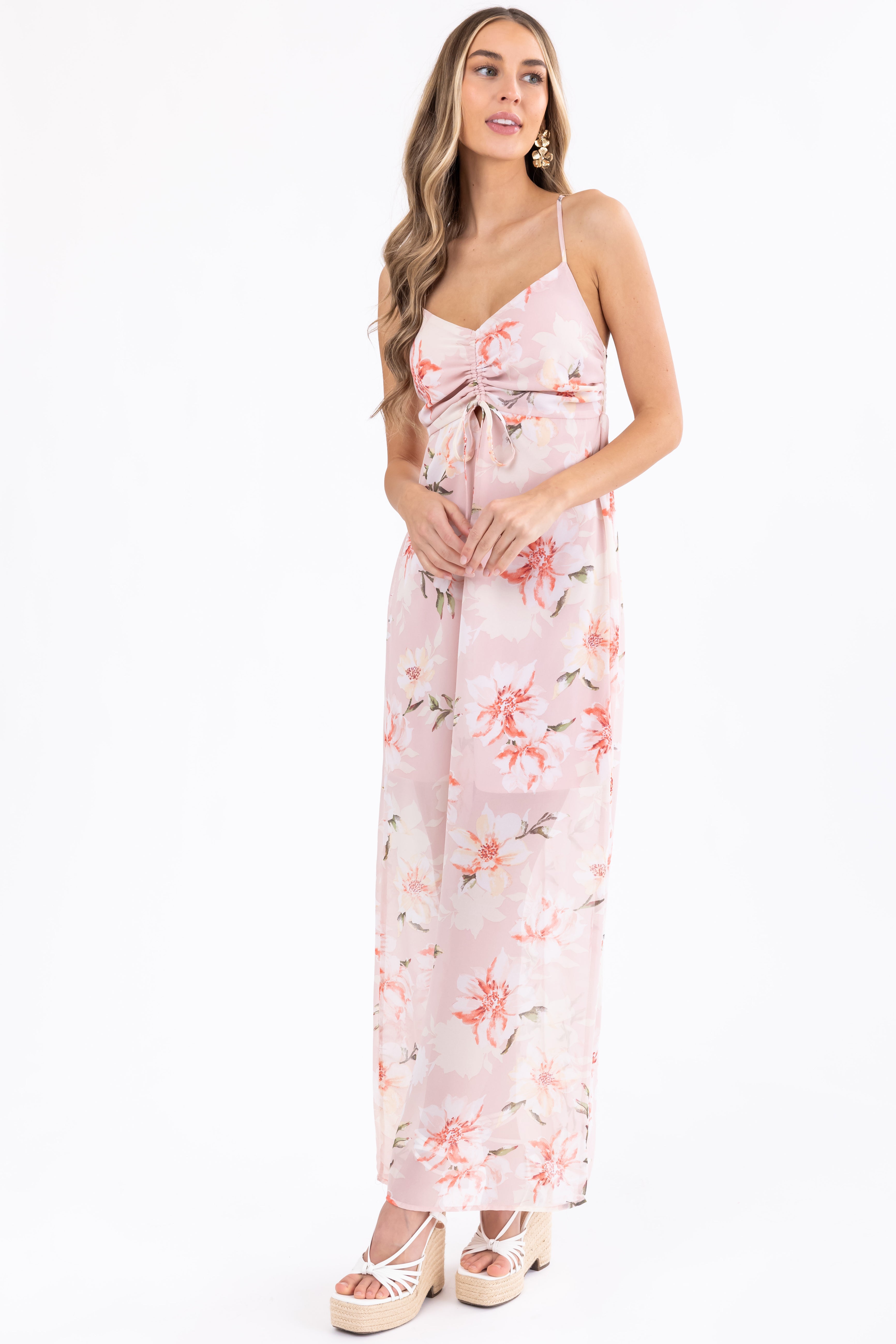 Floral Print Cross Back Maxi Dress Tea Rose