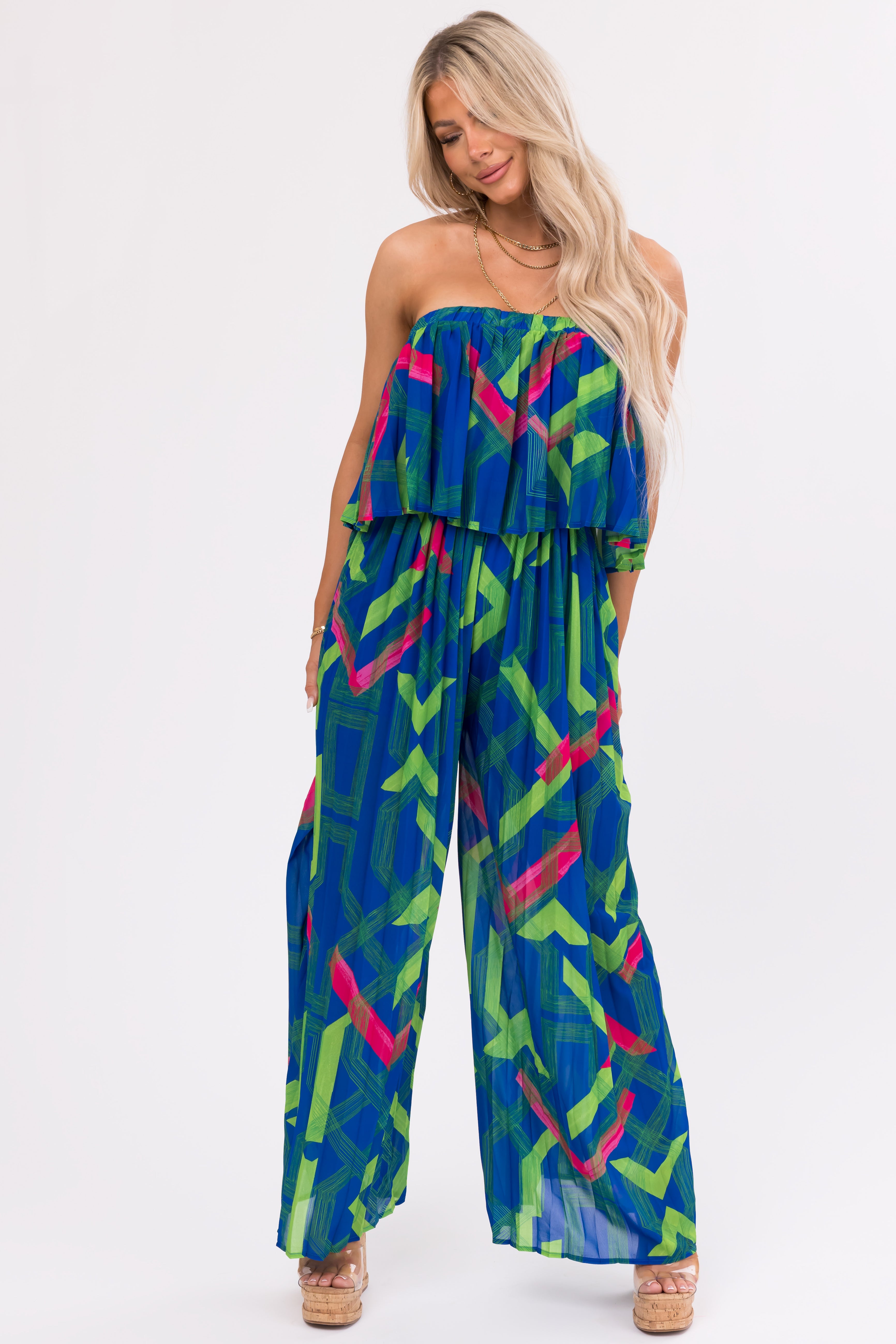 Royal Blue Strapless Flowy Jumpsuit Geo Pattern Womens Dress