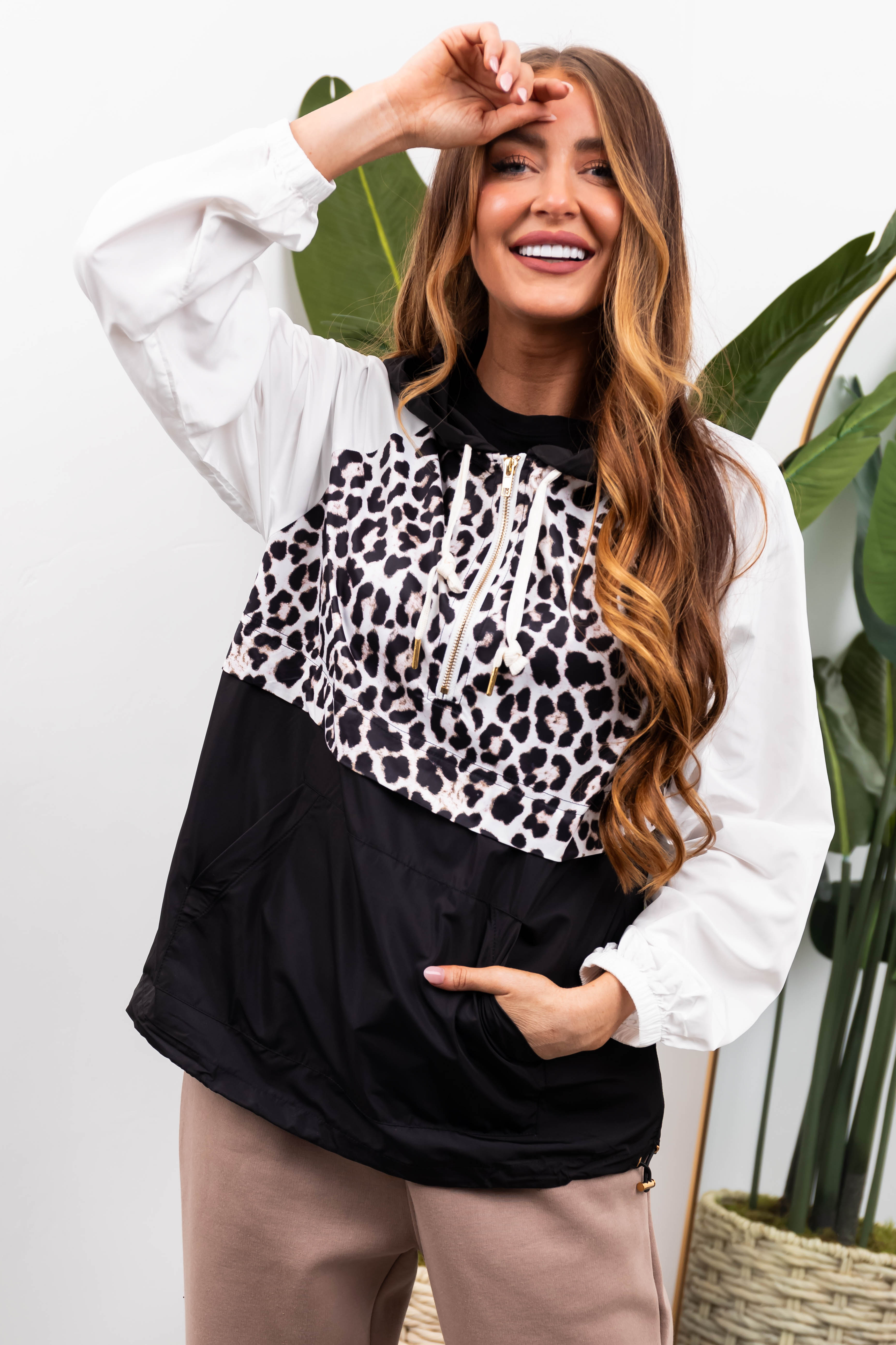 Leopard Print Half Zip Hoodie Windbreaker