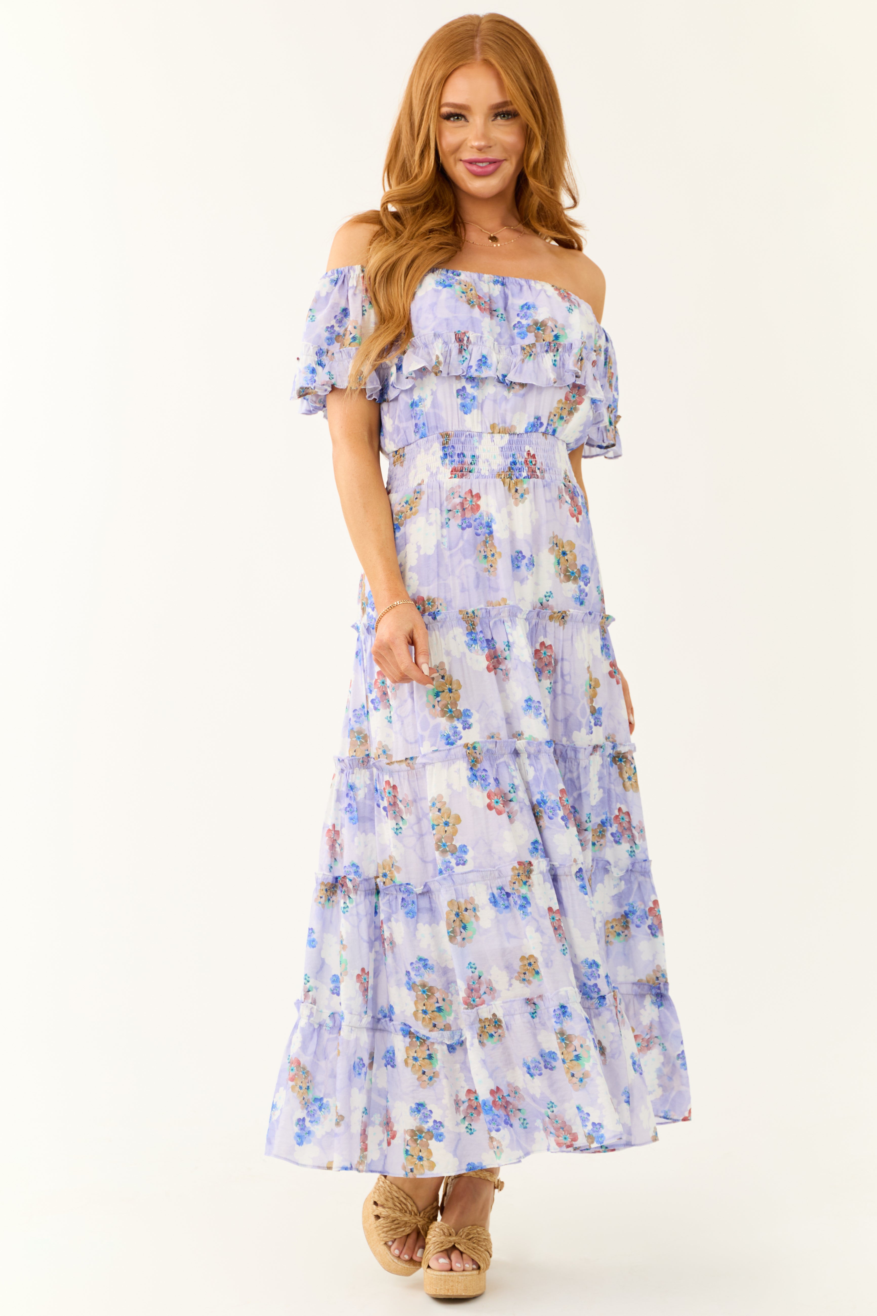 Floral Print Off Shoulder Maxi Dress in Periwinkle