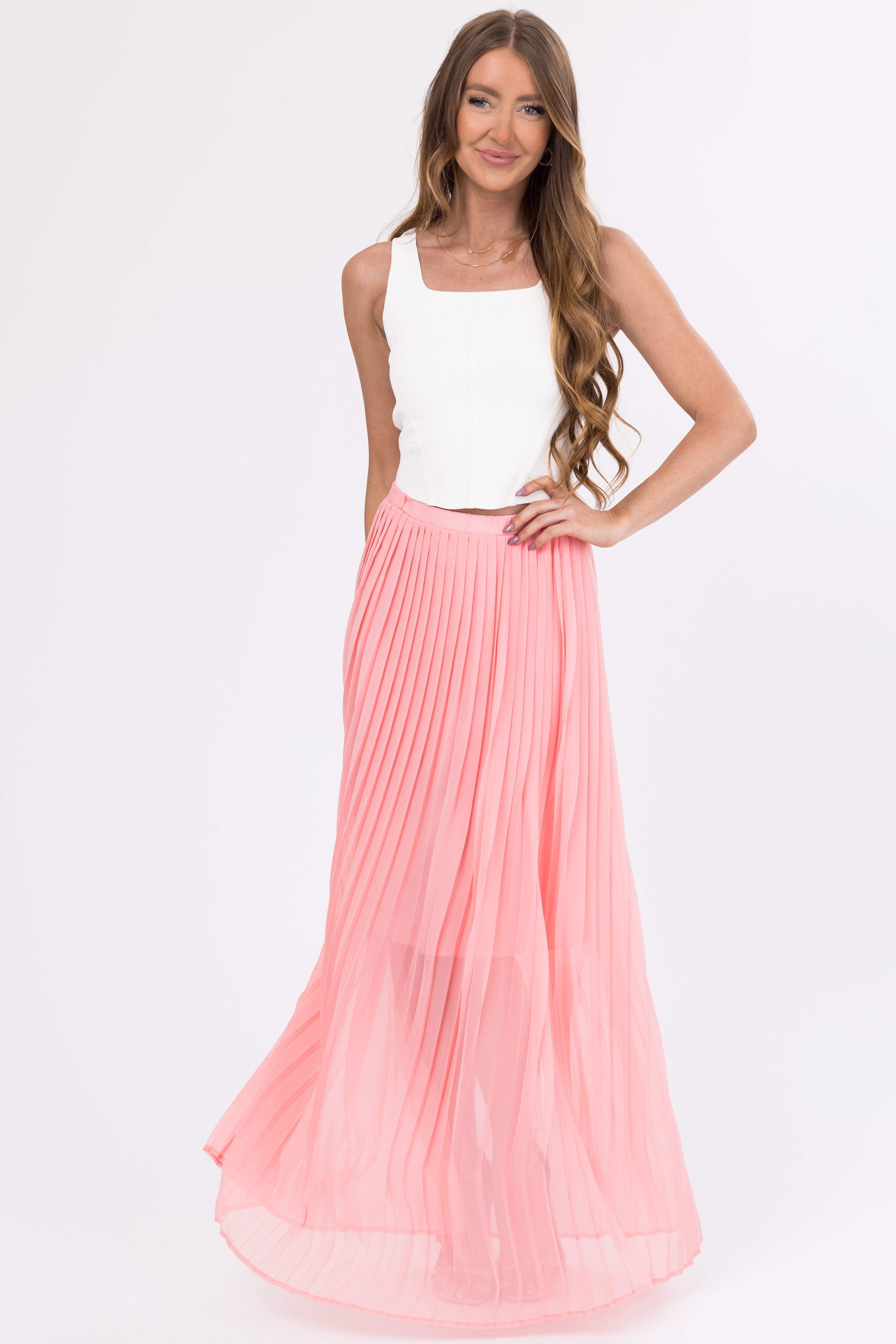 Pink Pleated Chiffon Maxi Skirt