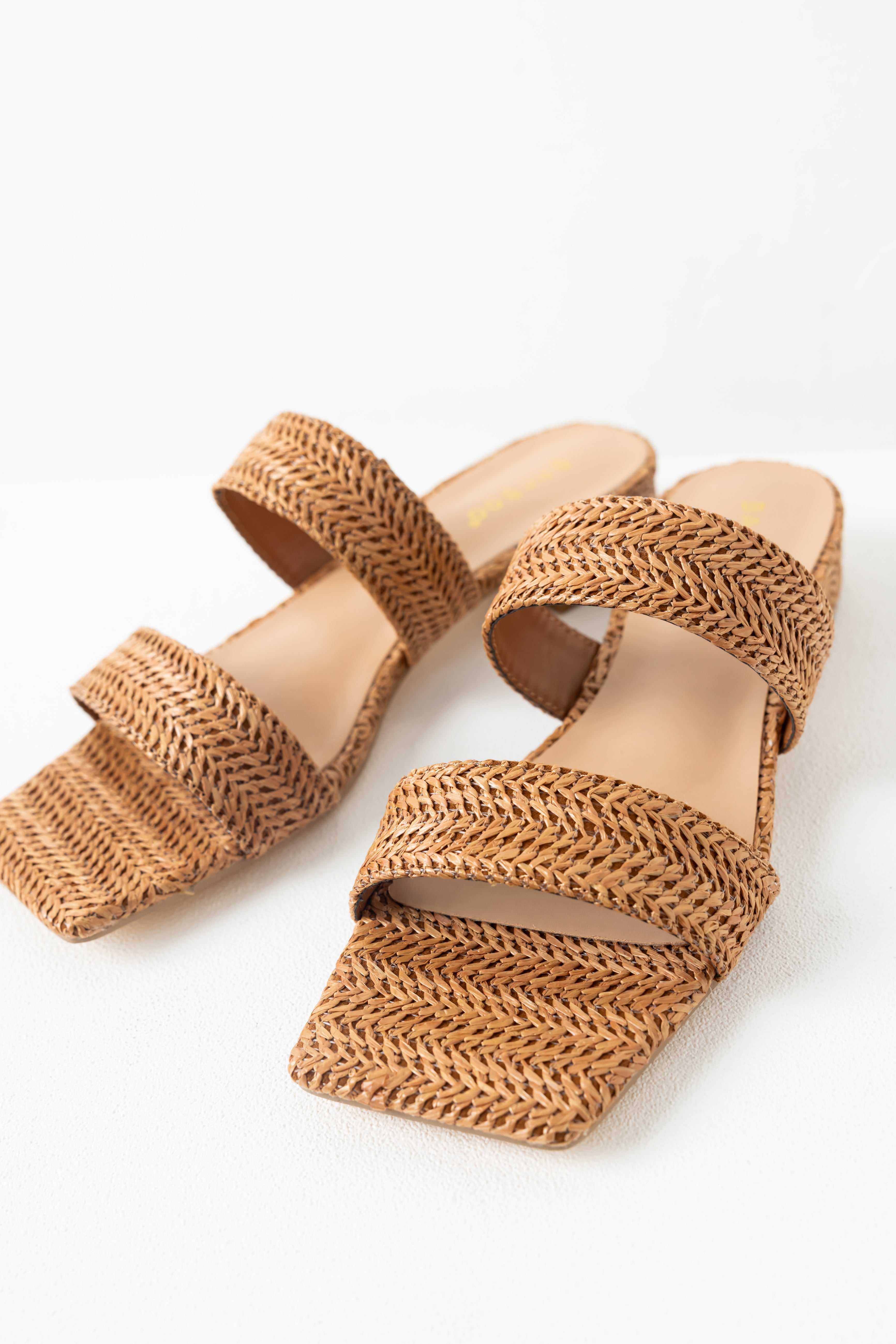 Brown Raffia Woven Low Heel Sandals