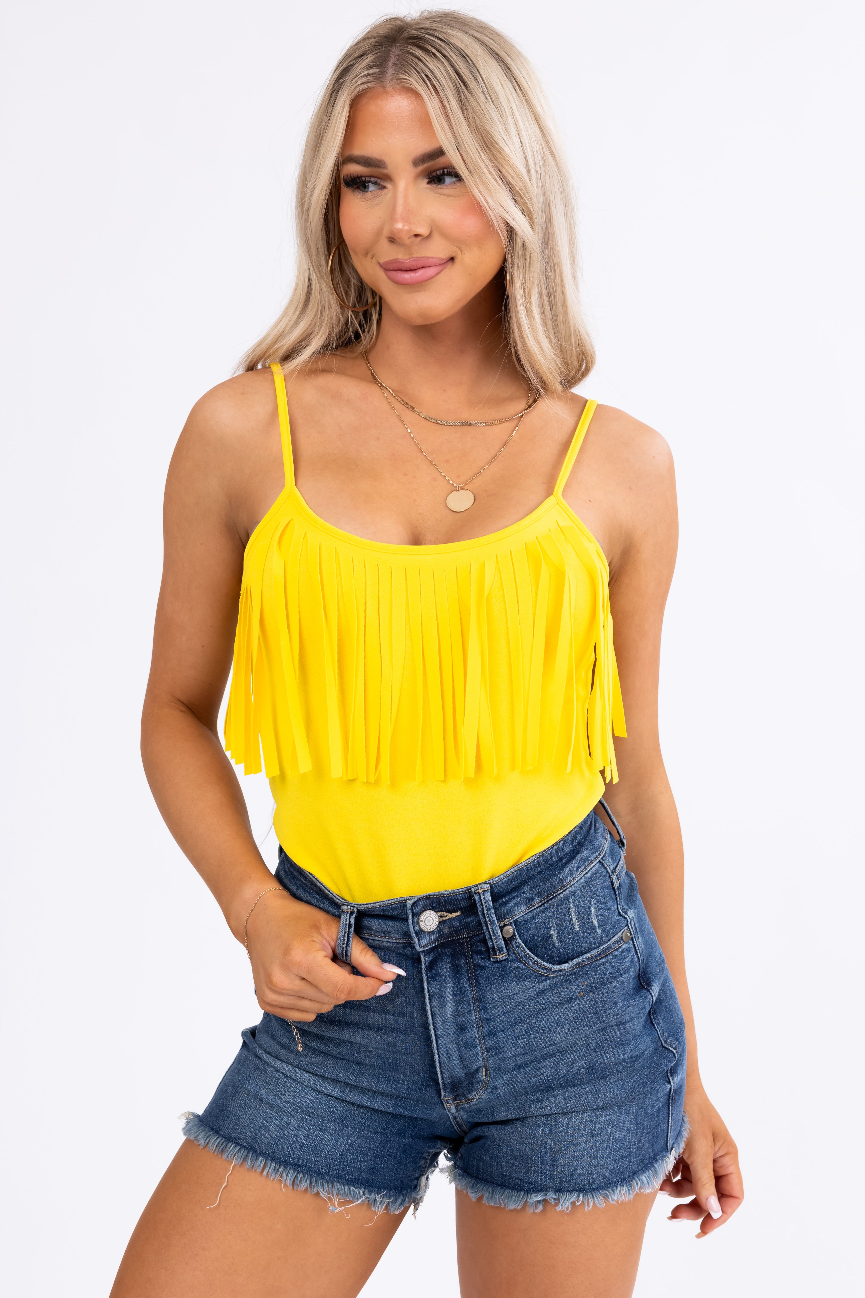 Yellow Fringe Sleeveless Bodysuit - Trendy Scoop Neck Design