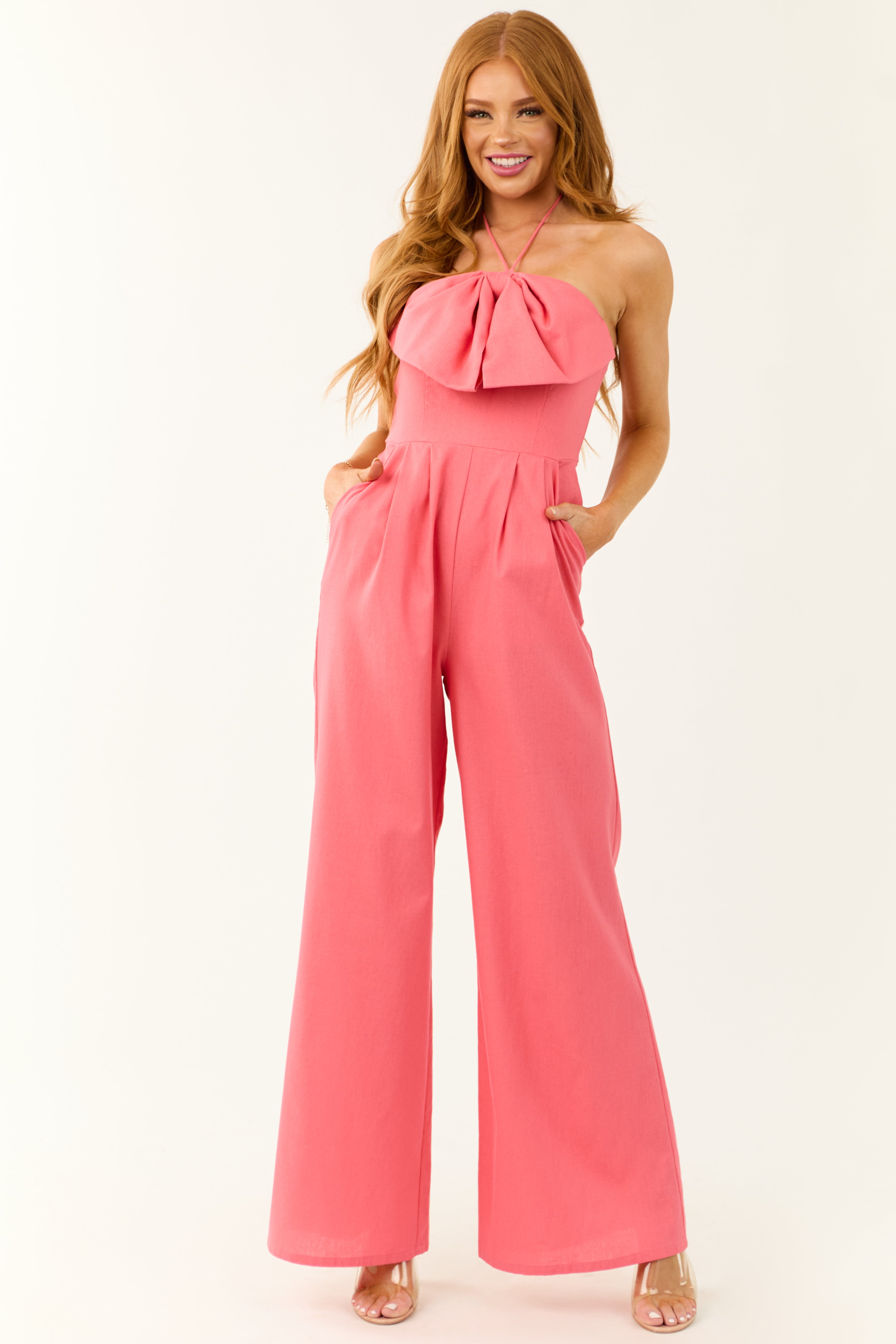 Pink Linen Halter Neck Wide Leg Jumpsuit